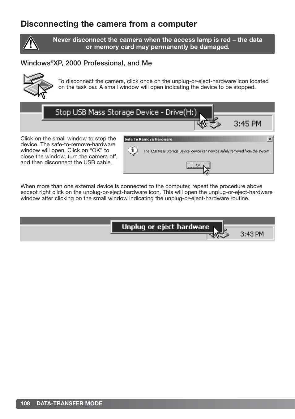 Disconnecting the camera from the computer, Windows xp, 2000 professional, and me, Disconnecting the camera from a computer | Konica Minolta xg User Manual | Page 108 / 132