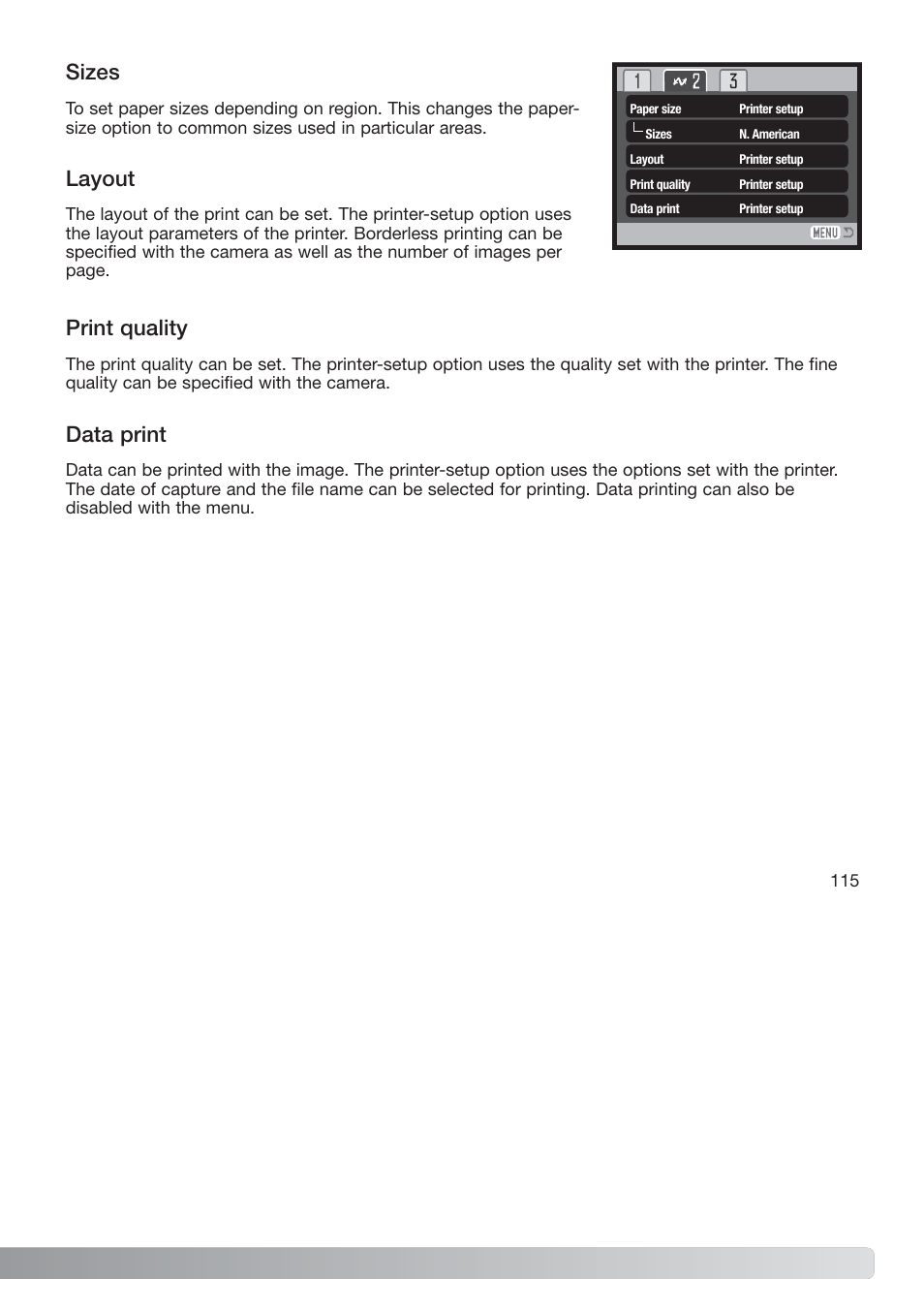 Sizes layout print quality data print, Sizes, Print quality | Data print, Layout | Konica Minolta xg User Manual | Page 115 / 132