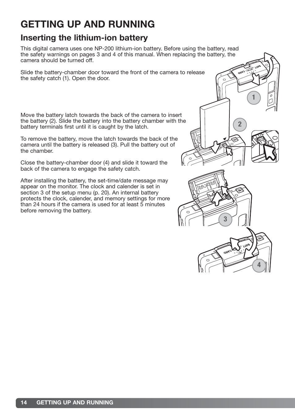 Getting up and running, Inserting the lithium-ion battery | Konica Minolta xg User Manual | Page 14 / 132