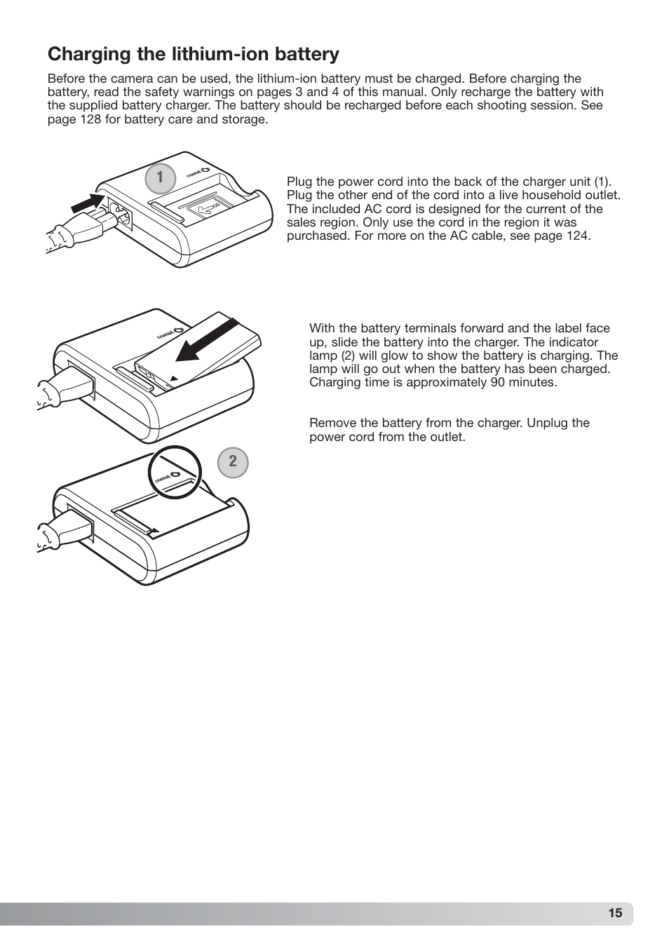 Charging the lithium-ion battery | Konica Minolta xg User Manual | Page 15 / 132
