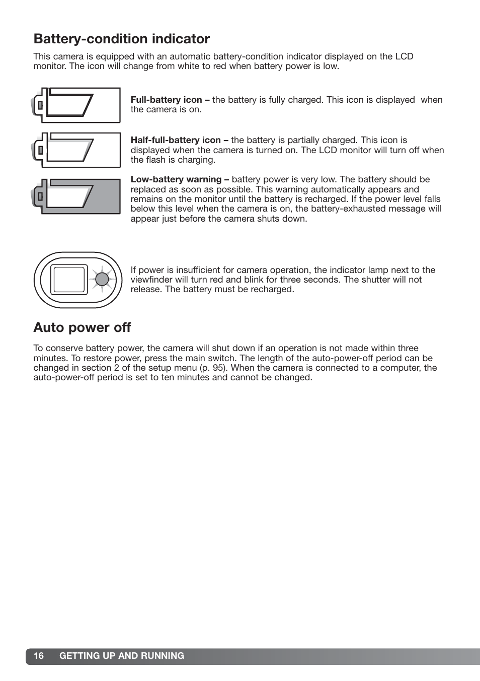 Battery-condition indicator auto power off, Battery-condition indicator, Auto power off | Konica Minolta xg User Manual | Page 16 / 132