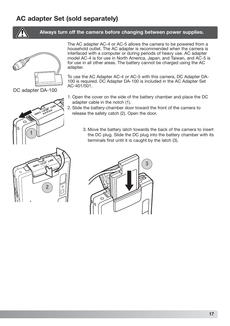 Ac adapter set (sold separately) | Konica Minolta xg User Manual | Page 17 / 132