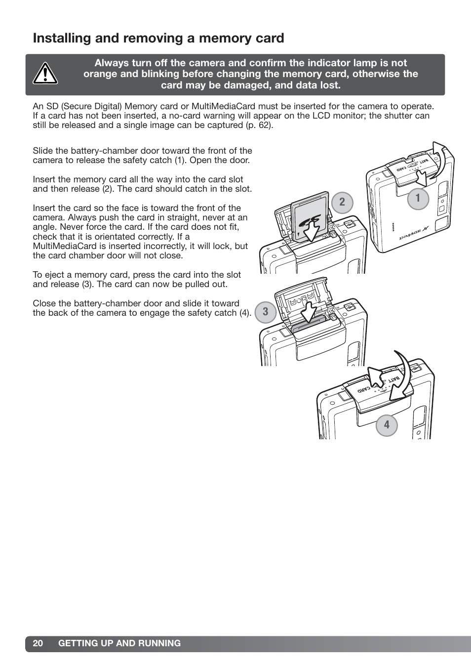 Installing and removing a memory card | Konica Minolta xg User Manual | Page 20 / 132