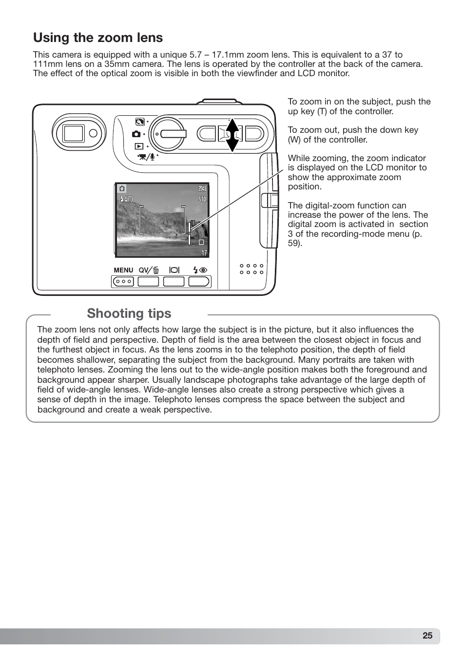 Using the zoom lens, Shooting tips | Konica Minolta xg User Manual | Page 25 / 132