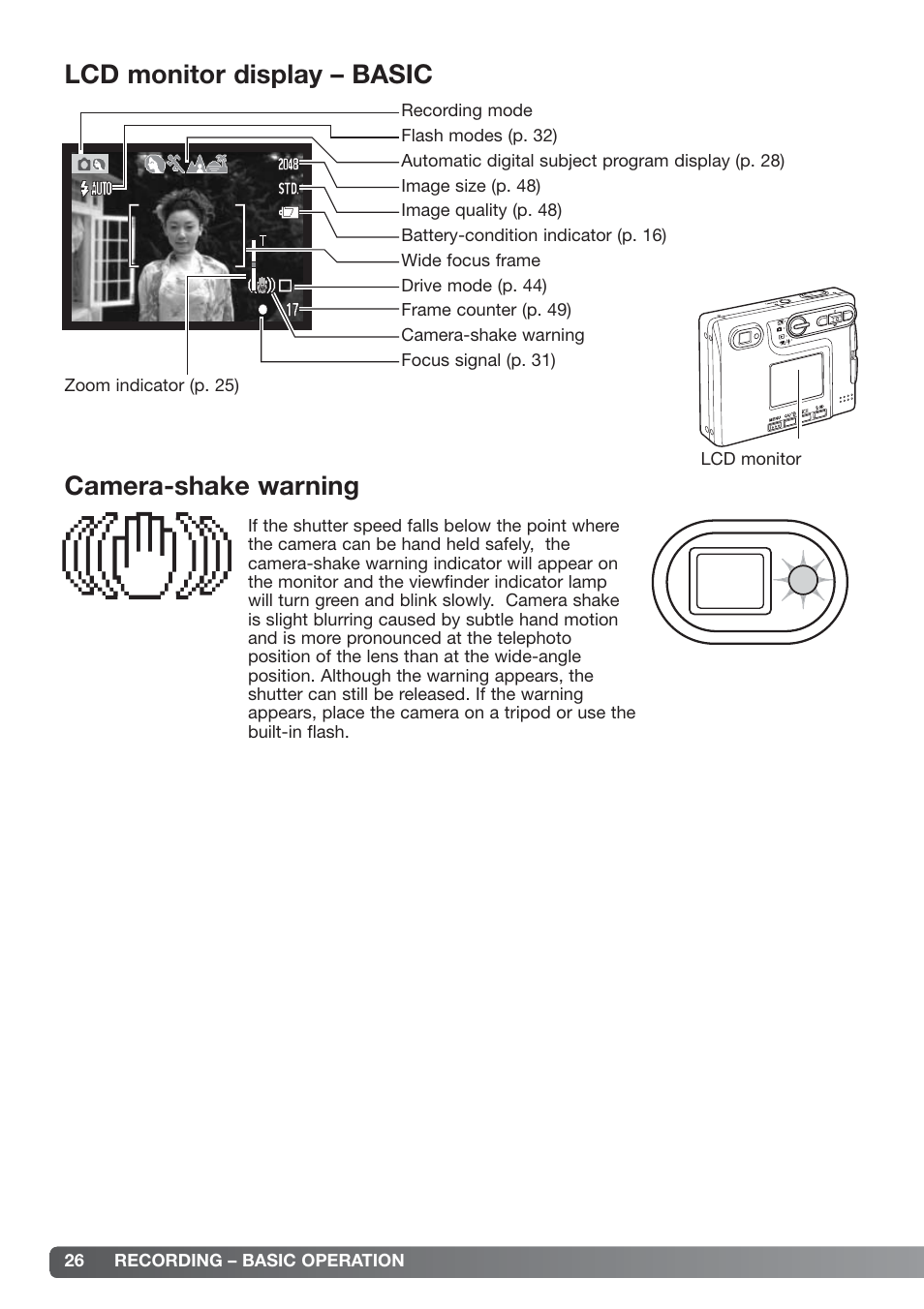 Lcd monitor display – basic camera-shake warning, Lcd monitor display – basic, Camera-shake warning | Konica Minolta xg User Manual | Page 26 / 132