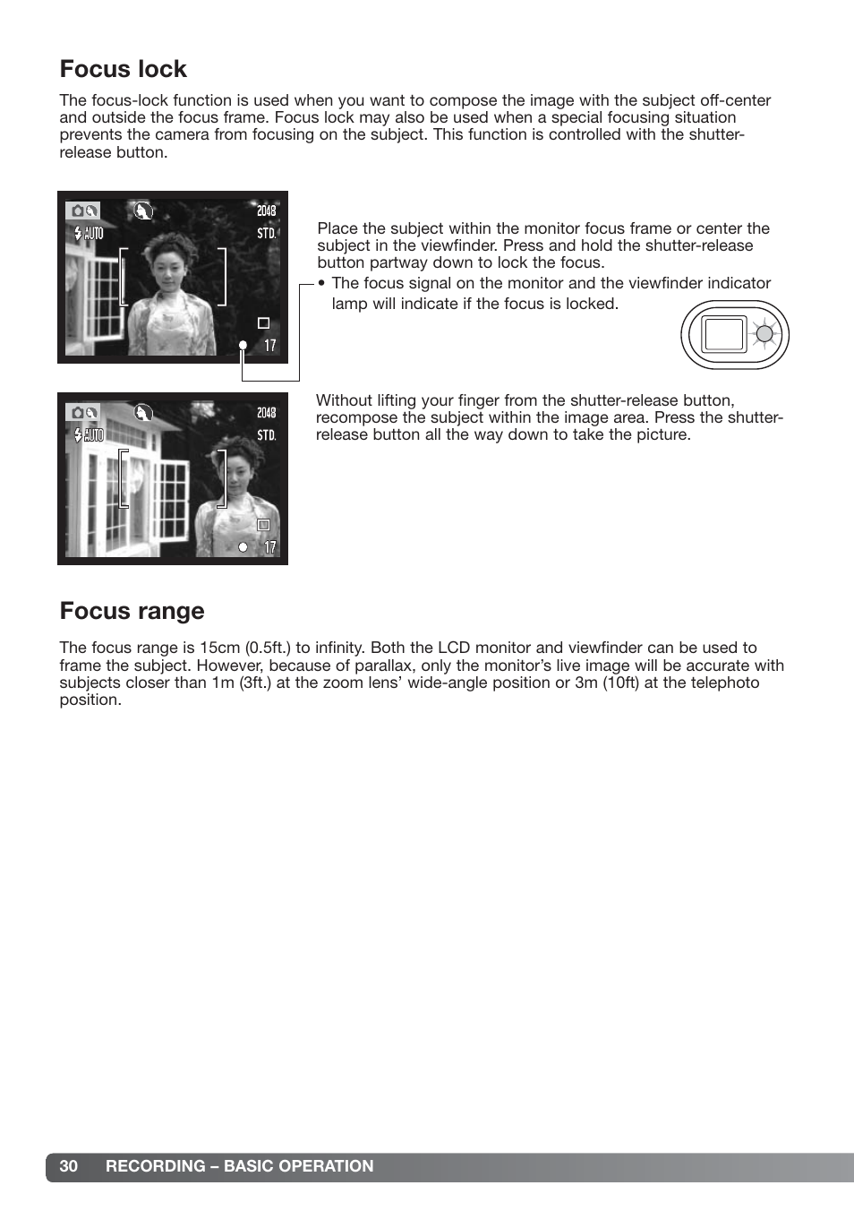 Focus lock focus range, Focus lock, Focus range | Konica Minolta xg User Manual | Page 30 / 132