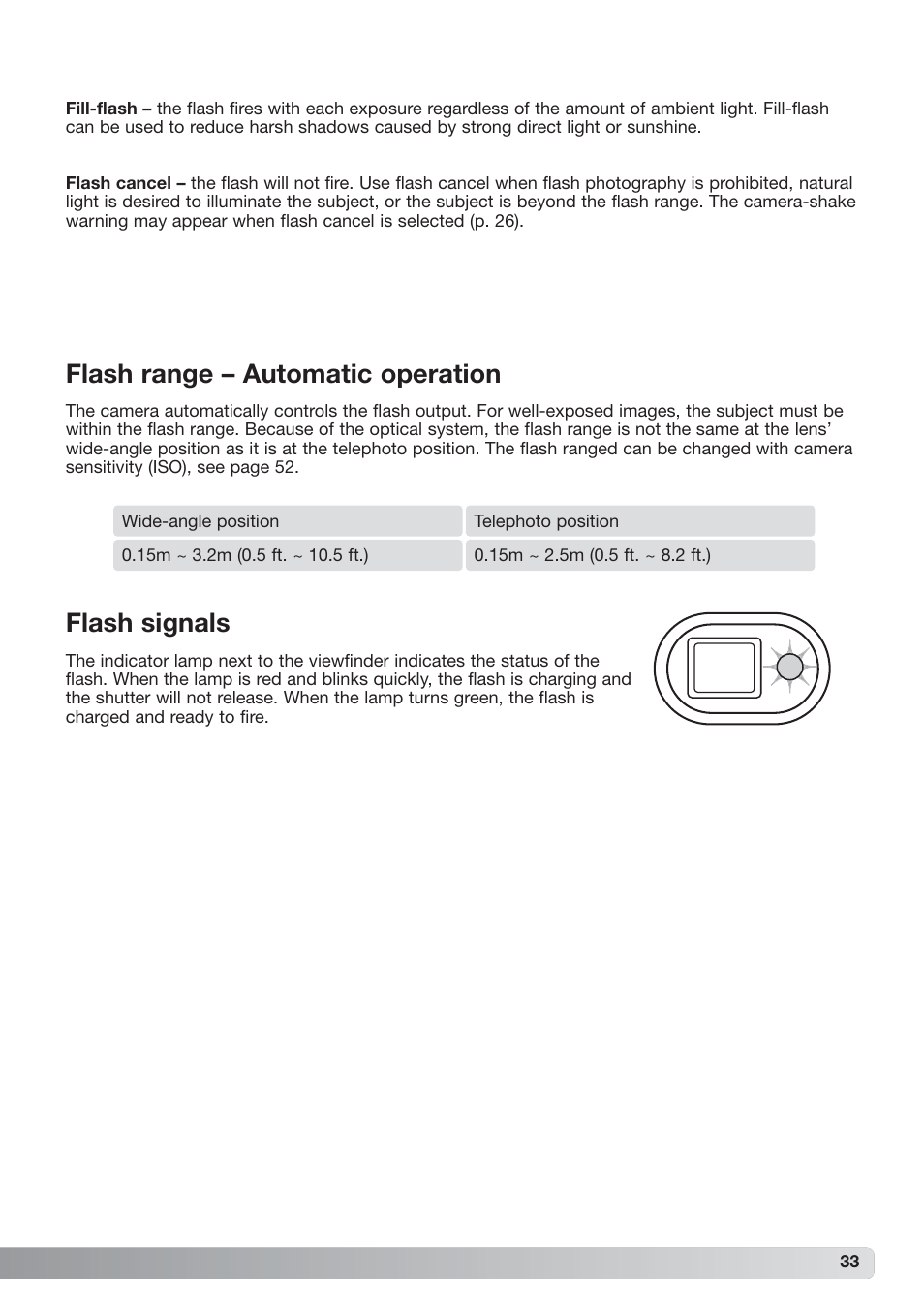 Flash range – automatic operation flash signals, Flash range – automatic operation, Flash signals | Konica Minolta xg User Manual | Page 33 / 132