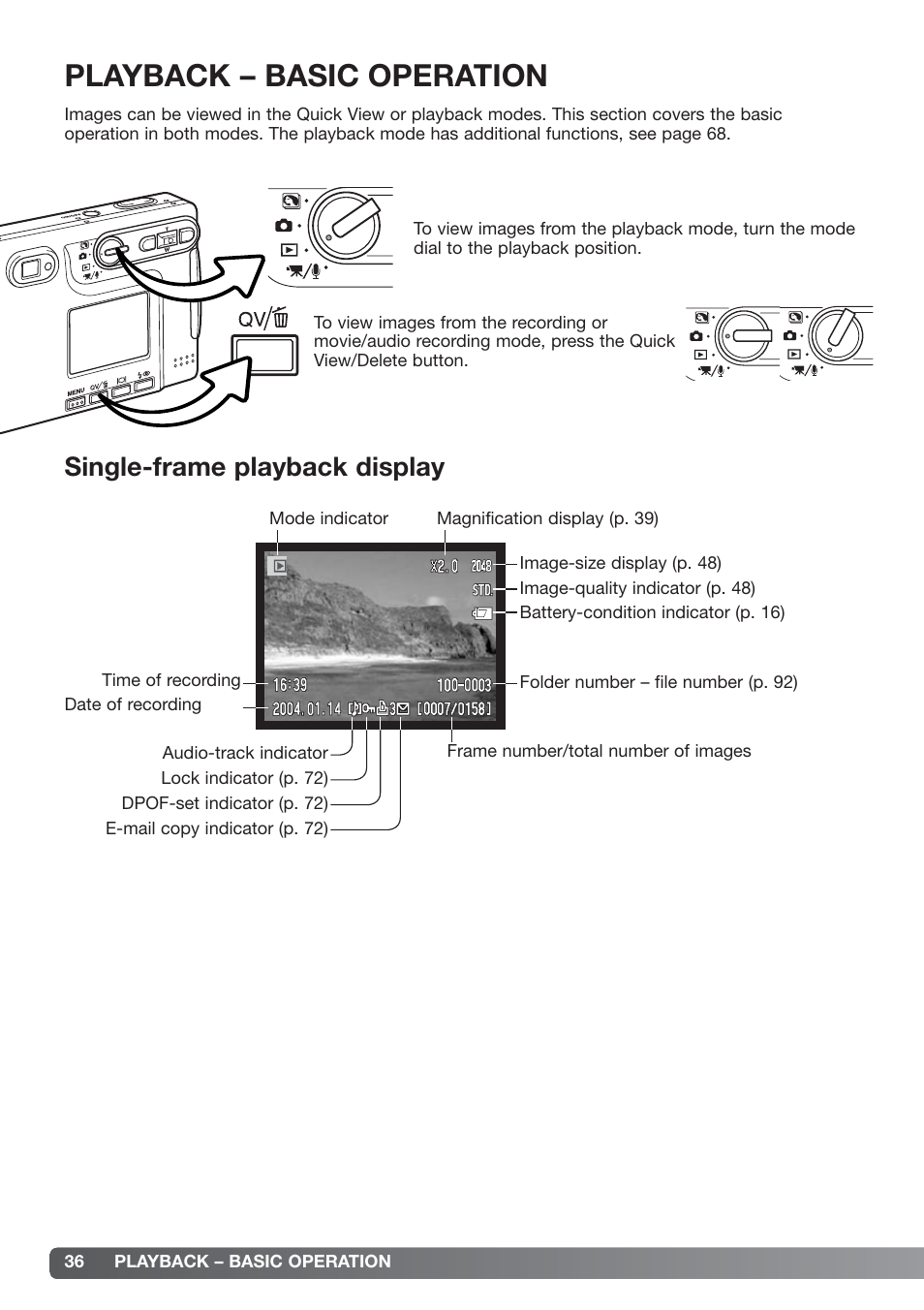 Playback – basic operation, Single-frame playback display | Konica Minolta xg User Manual | Page 36 / 132