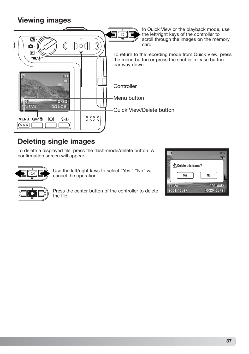 Viewing images deleting single images, Deleting single images viewing images | Konica Minolta xg User Manual | Page 37 / 132