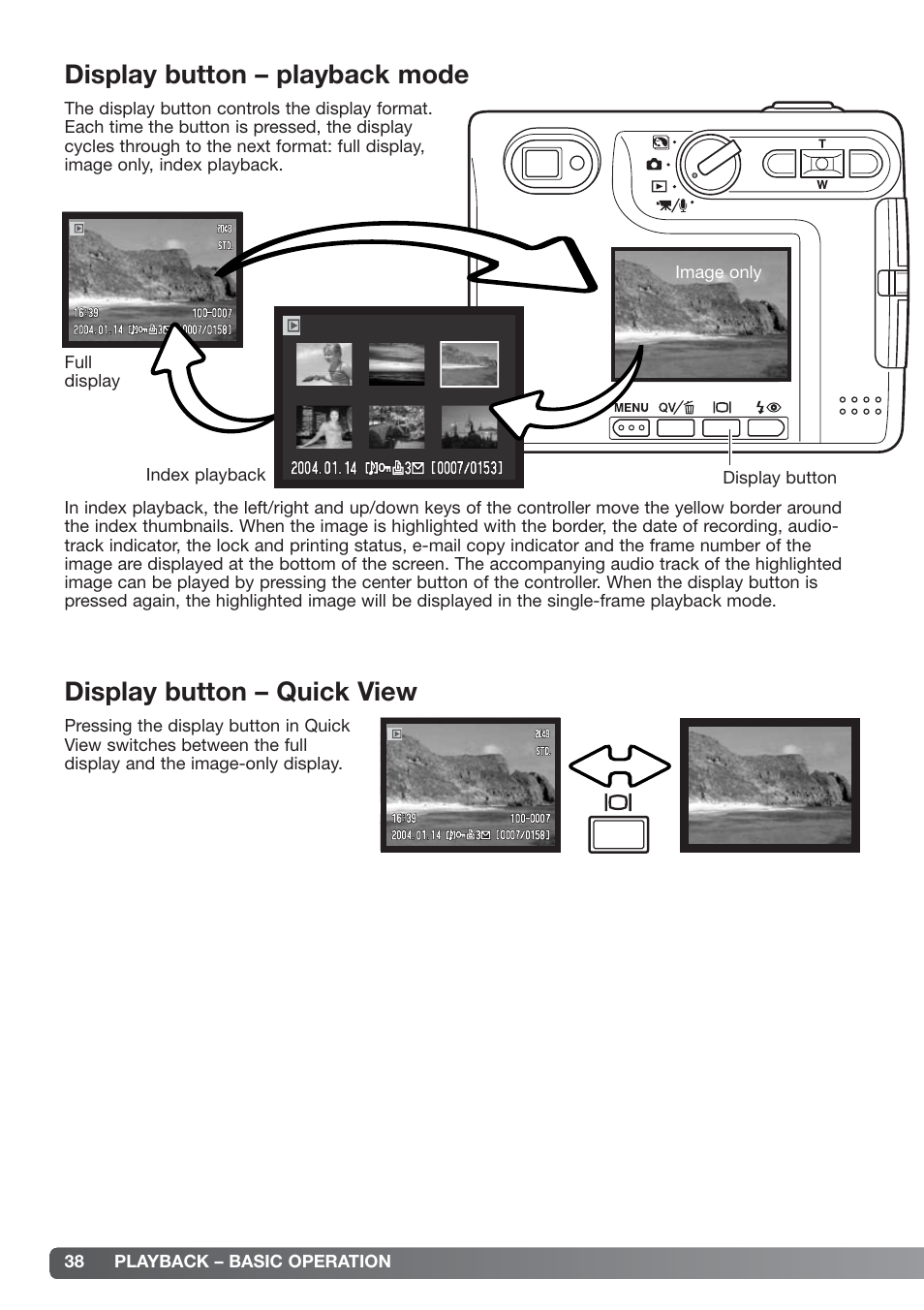 Display button – playback mode, Display button – quick view | Konica Minolta xg User Manual | Page 38 / 132