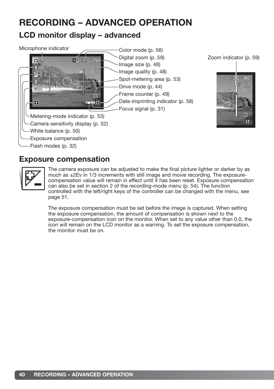 Recording – advanced operation, Lcd monitor display – advanced, Exposure compensation | Konica Minolta xg User Manual | Page 40 / 132