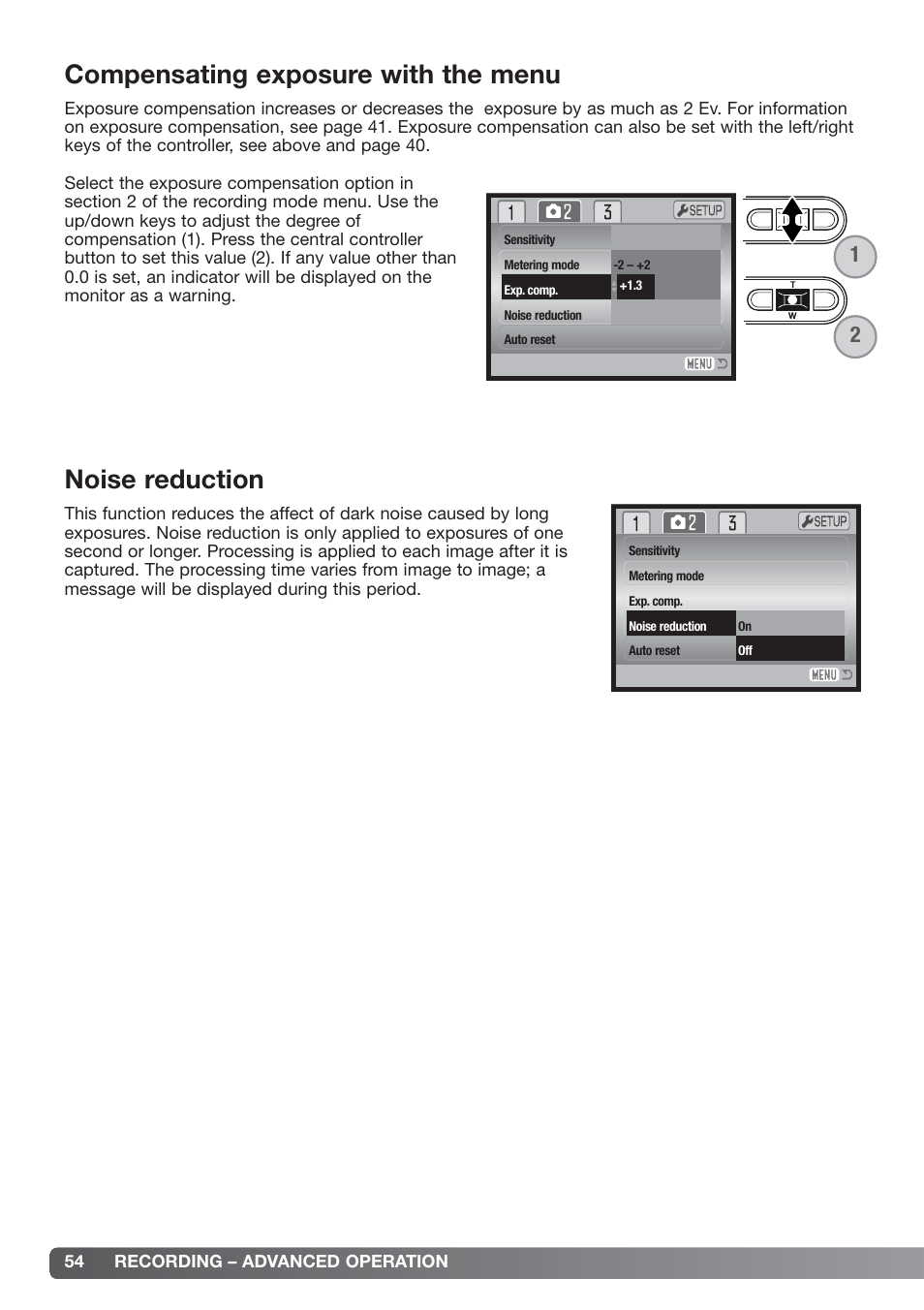 Noise reduction, Compensating exposure with the menu | Konica Minolta xg User Manual | Page 54 / 132