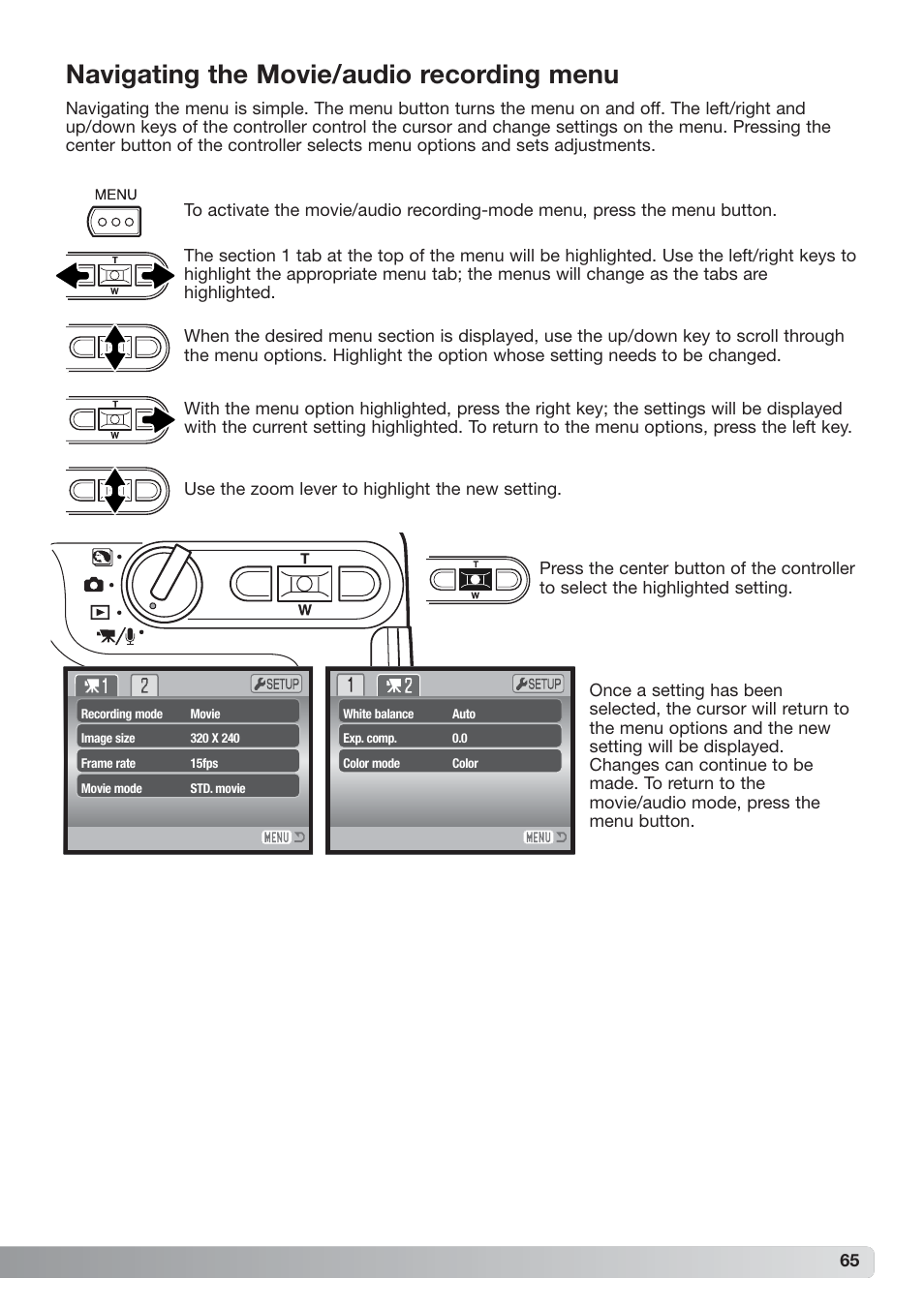 Navigating the movie/audio recording menu | Konica Minolta xg User Manual | Page 65 / 132