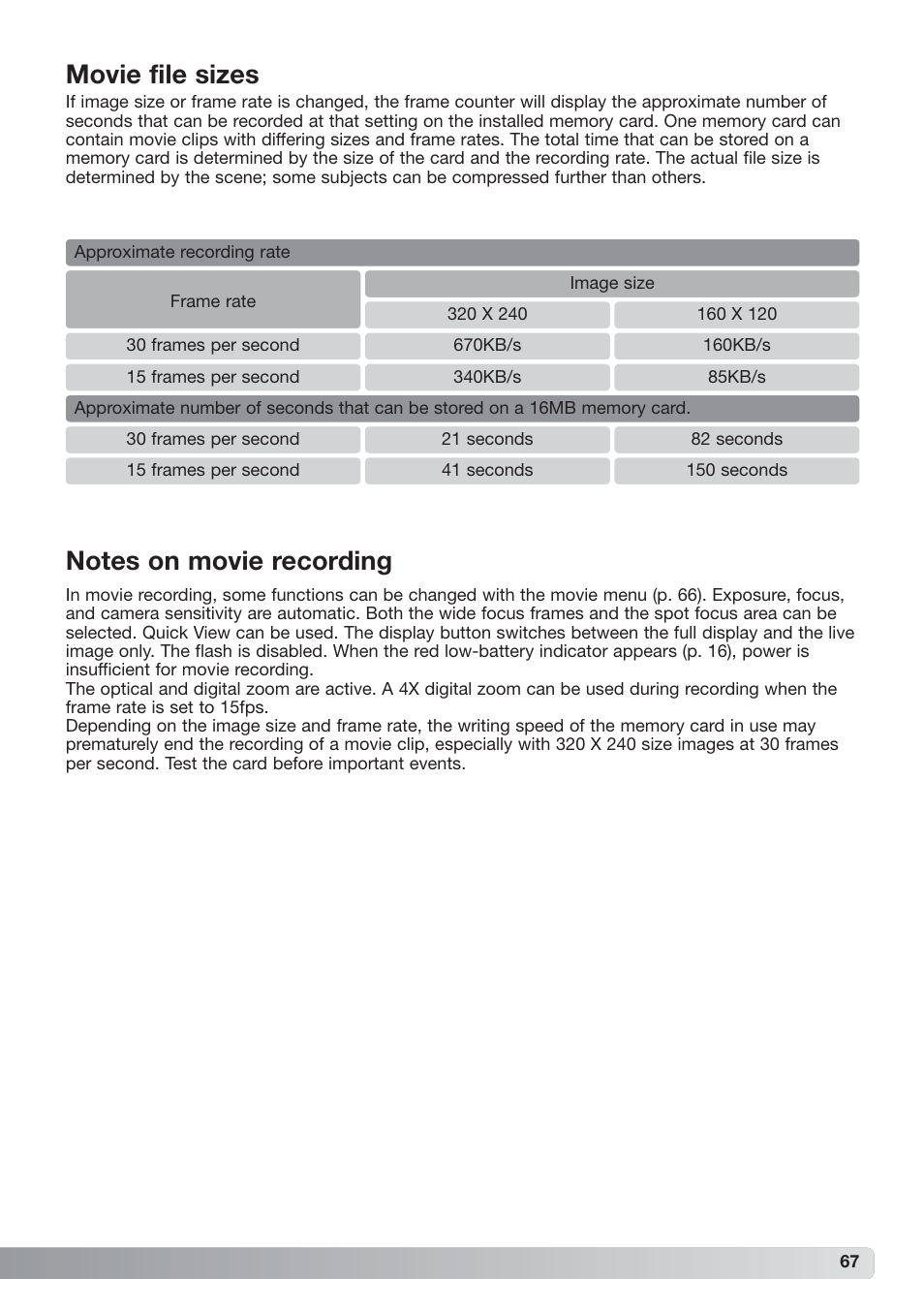 Movie file sizes notes on movie recording | Konica Minolta xg User Manual | Page 67 / 132