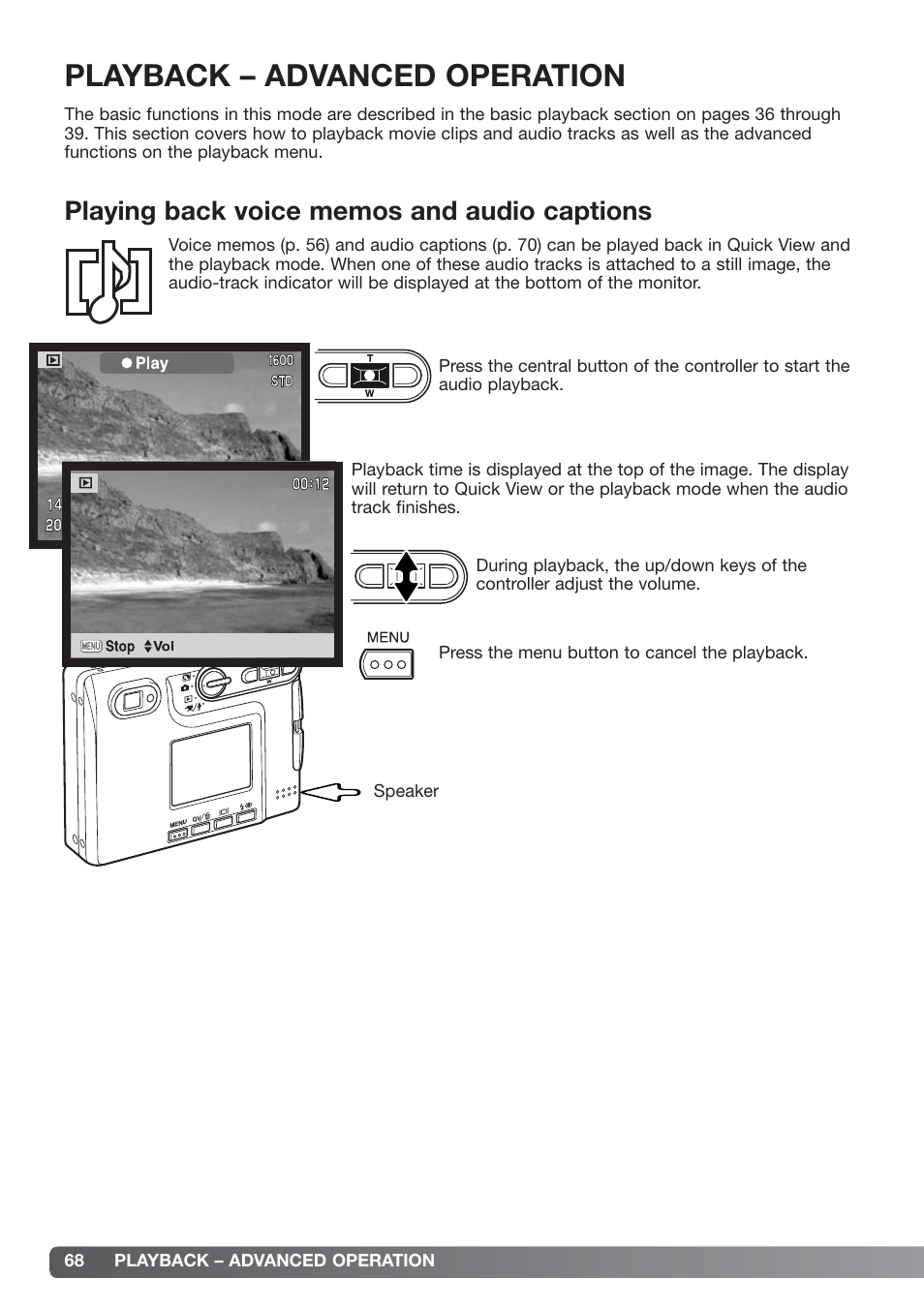 Playback – advanced operation, Playing back voice memos and audio captions | Konica Minolta xg User Manual | Page 68 / 132