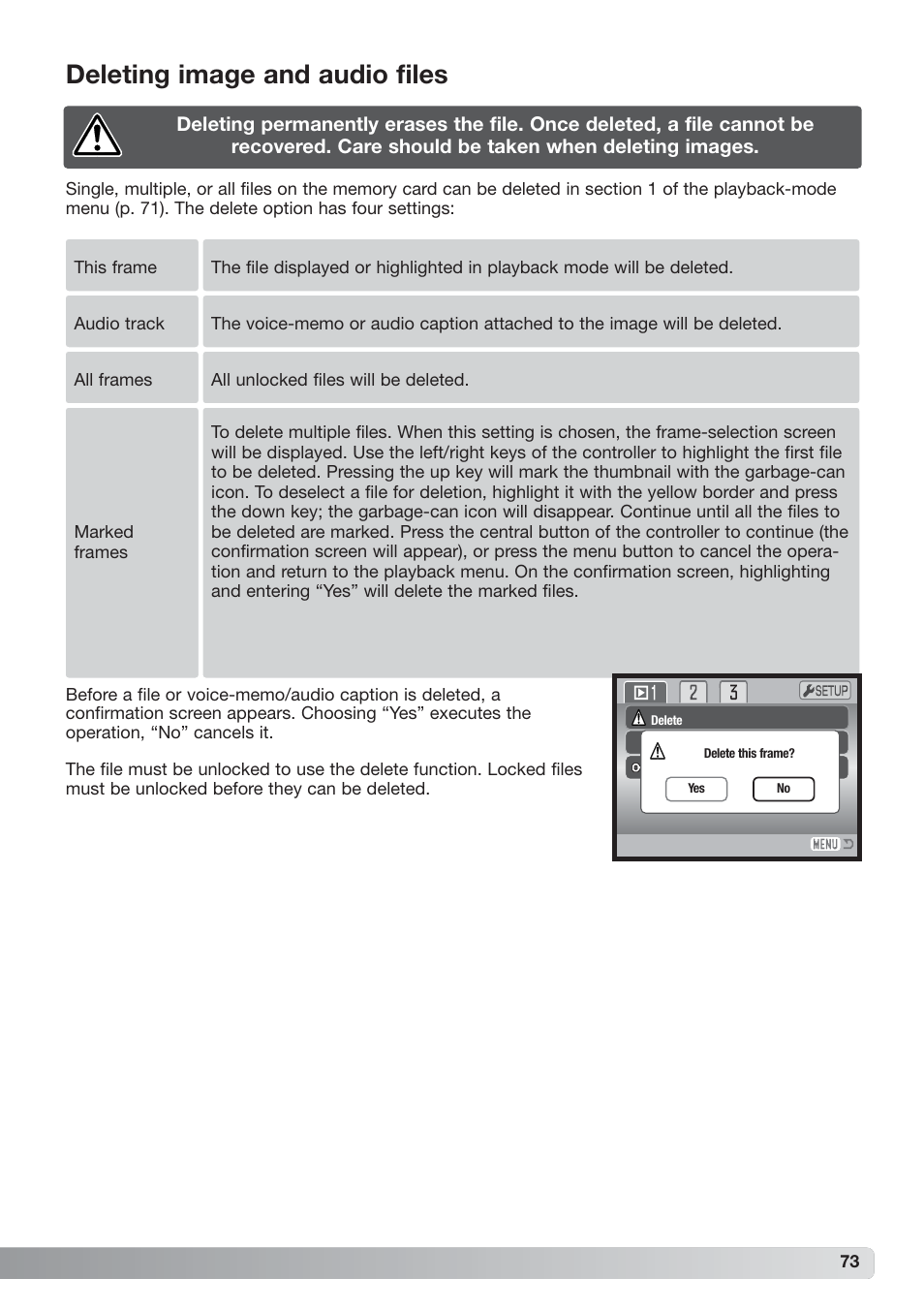 Deleting image and audio files | Konica Minolta xg User Manual | Page 73 / 132