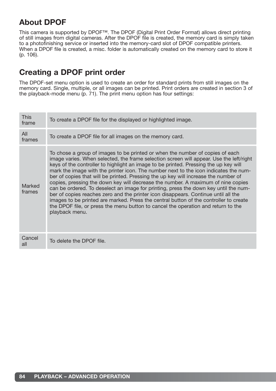 About dpof creating a dpof print order, About dpof, Creating a dpof print order | Konica Minolta xg User Manual | Page 84 / 132