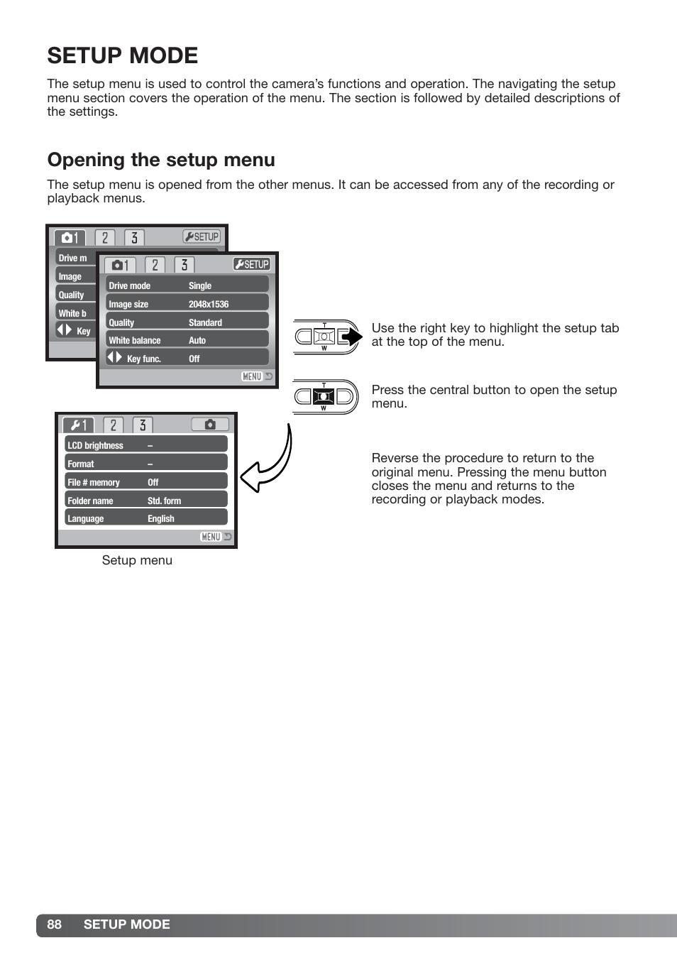 Setup mode, Opening the setup menu | Konica Minolta xg User Manual | Page 88 / 132
