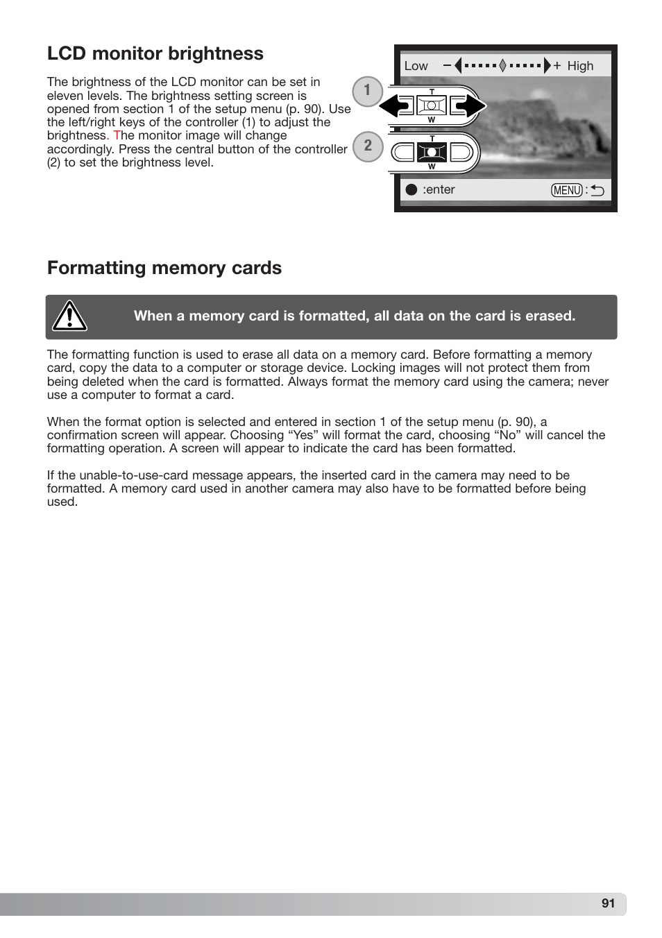 Lcd monitor brightness formatting memory cards | Konica Minolta xg User Manual | Page 91 / 132