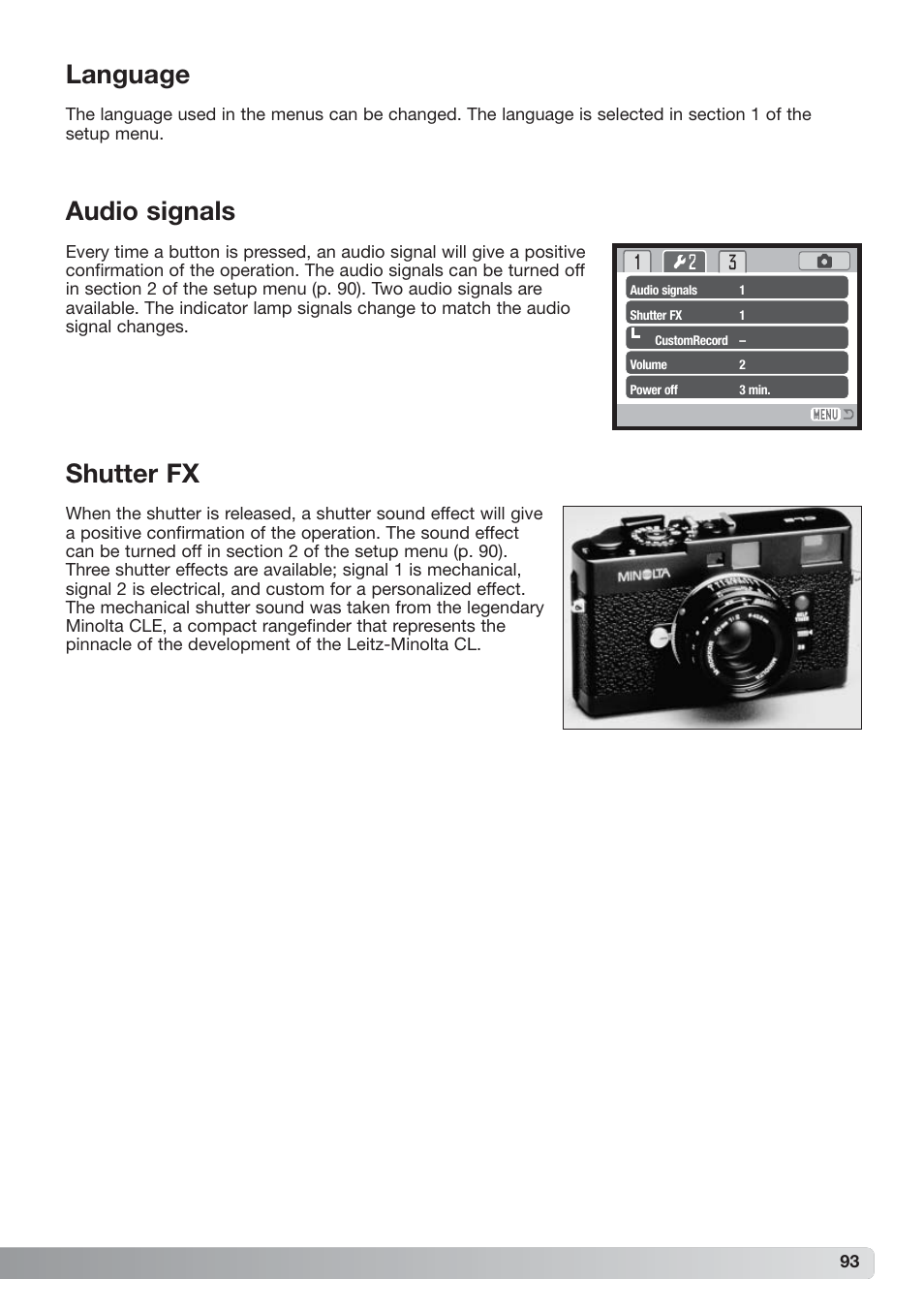 Language audio signals shutter fx, Language, Audio signals | Shutter fx | Konica Minolta xg User Manual | Page 93 / 132