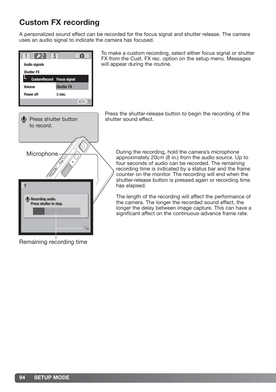 Custom fx recording, Microphone, Remaining recording time | Konica Minolta xg User Manual | Page 94 / 132