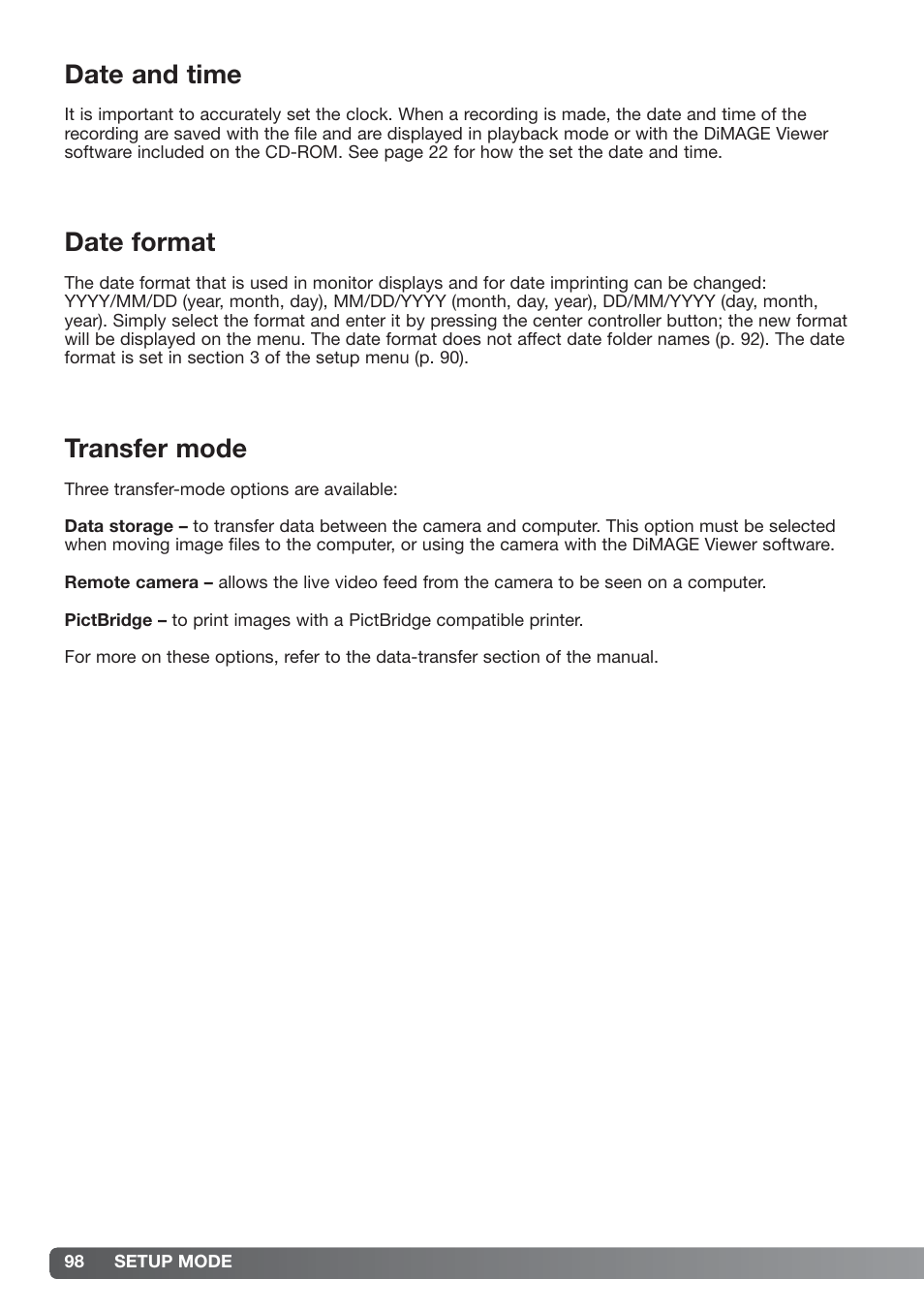 Date and time, Date format, Transfer mode | Konica Minolta xg User Manual | Page 98 / 132