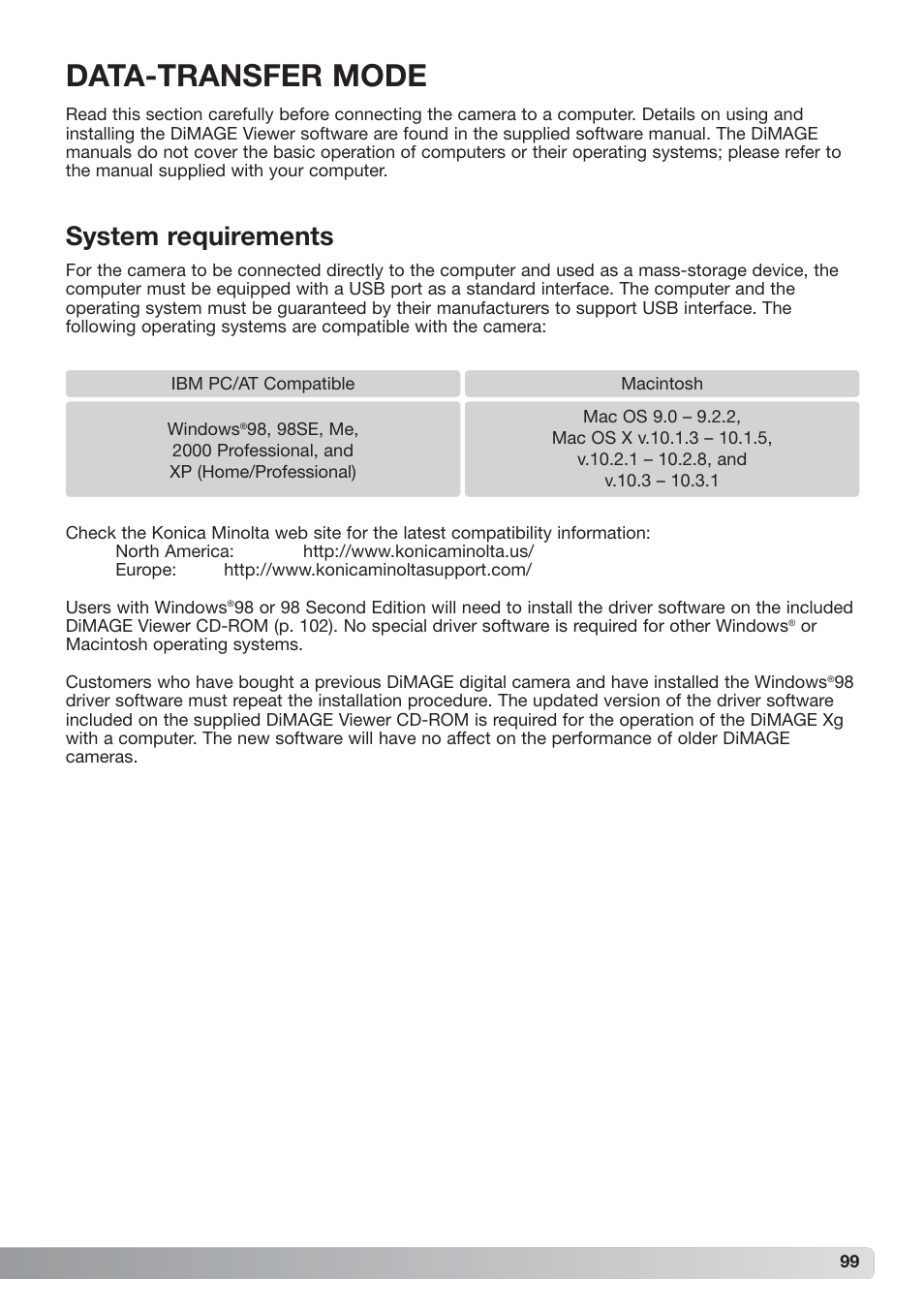 Data-transfer mode, System requirements | Konica Minolta xg User Manual | Page 99 / 132