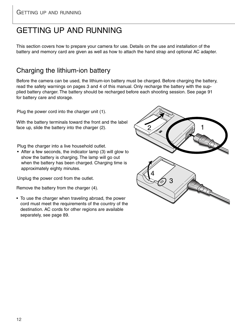 Getting up and running, Charging the lithium-ion battery | Konica Minolta DiMAGE Xi User Manual | Page 12 / 96