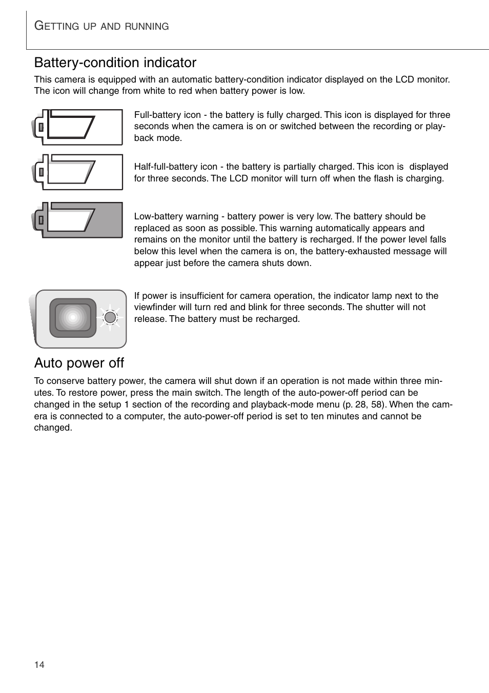 Battery-condition indicator auto power off, Battery-condition indicator, Auto power off | Konica Minolta DiMAGE Xi User Manual | Page 14 / 96