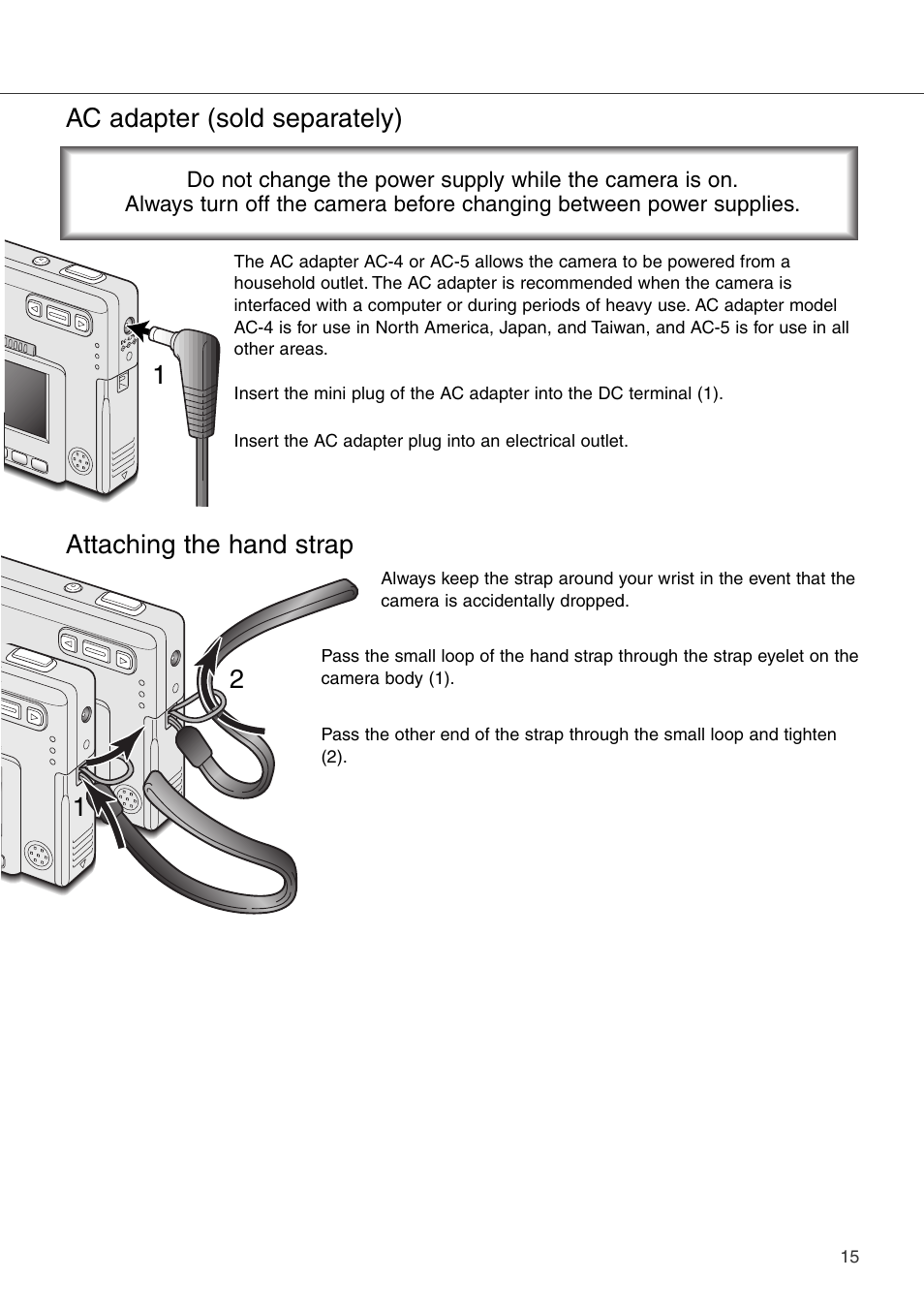 Ac adapter (sold separately), 12 1 attaching the hand strap | Konica Minolta DiMAGE Xi User Manual | Page 15 / 96