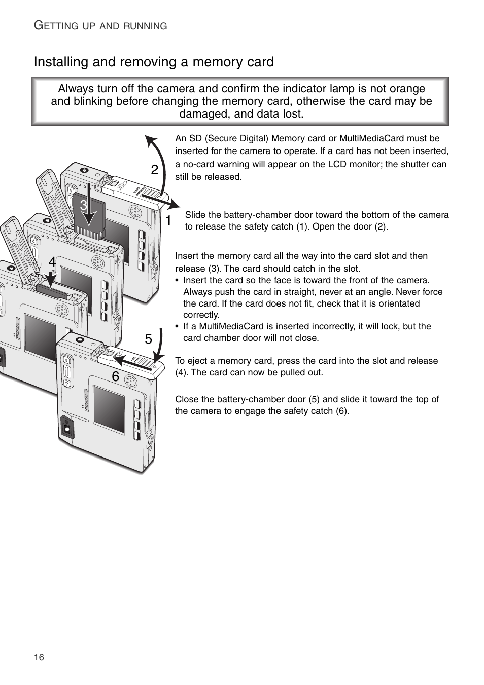 Installing and removing a memory card | Konica Minolta DiMAGE Xi User Manual | Page 16 / 96