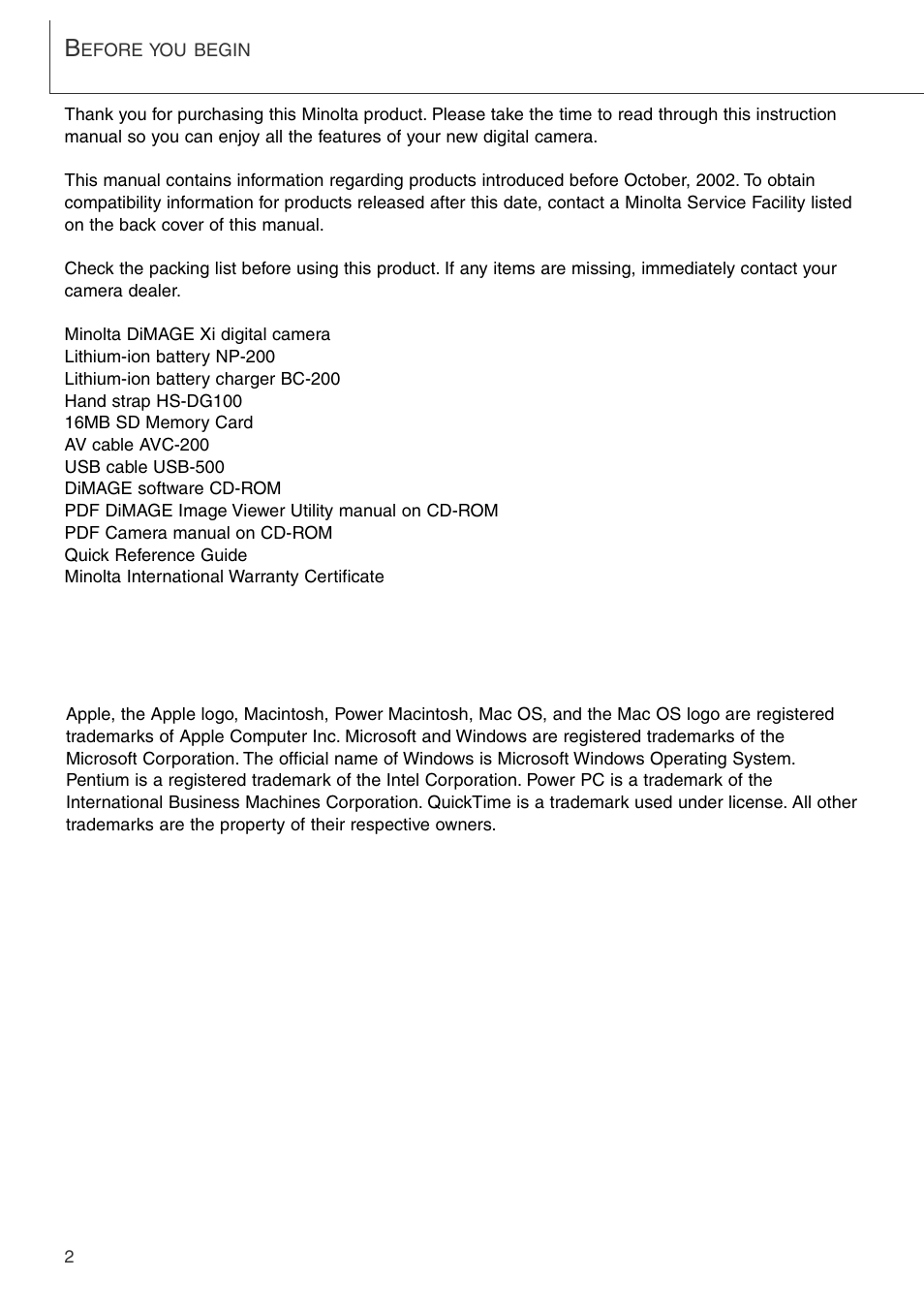 Konica Minolta DiMAGE Xi User Manual | Page 2 / 96
