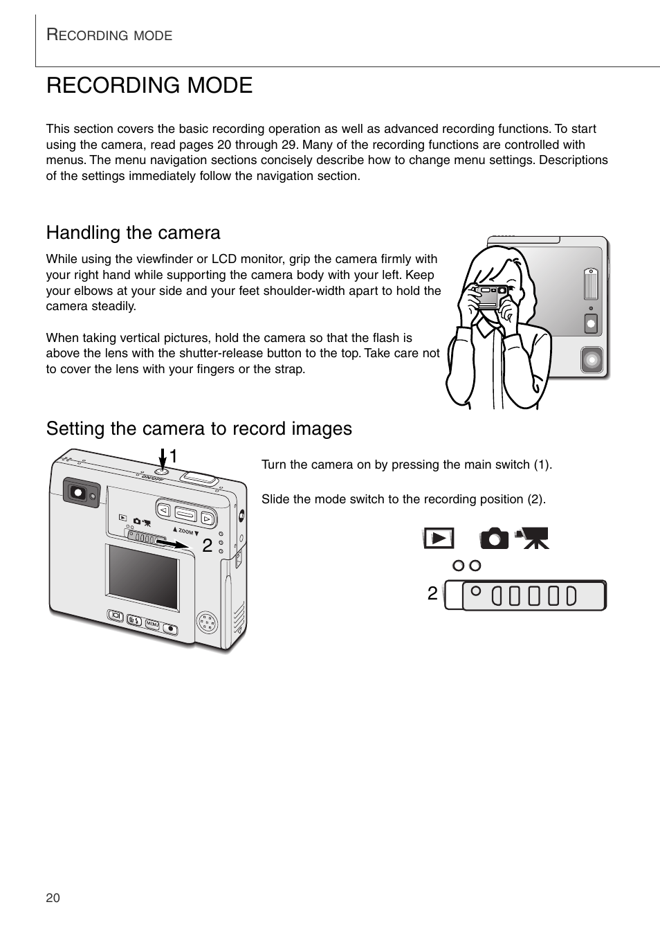 Recording mode, Handling the camera, Setting the camera to record images | Konica Minolta DiMAGE Xi User Manual | Page 20 / 96