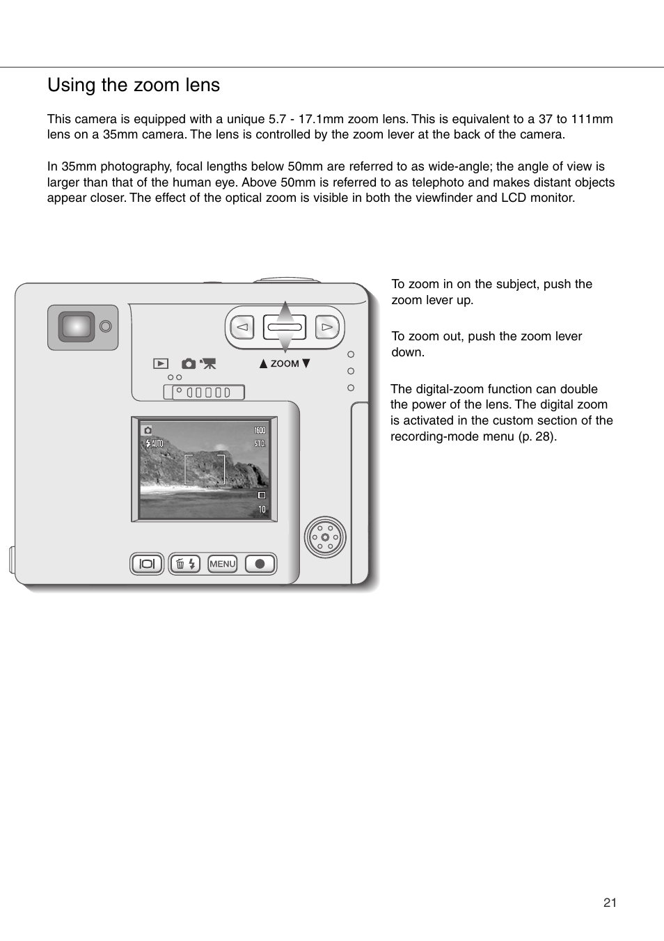 Using the zoom lens | Konica Minolta DiMAGE Xi User Manual | Page 21 / 96