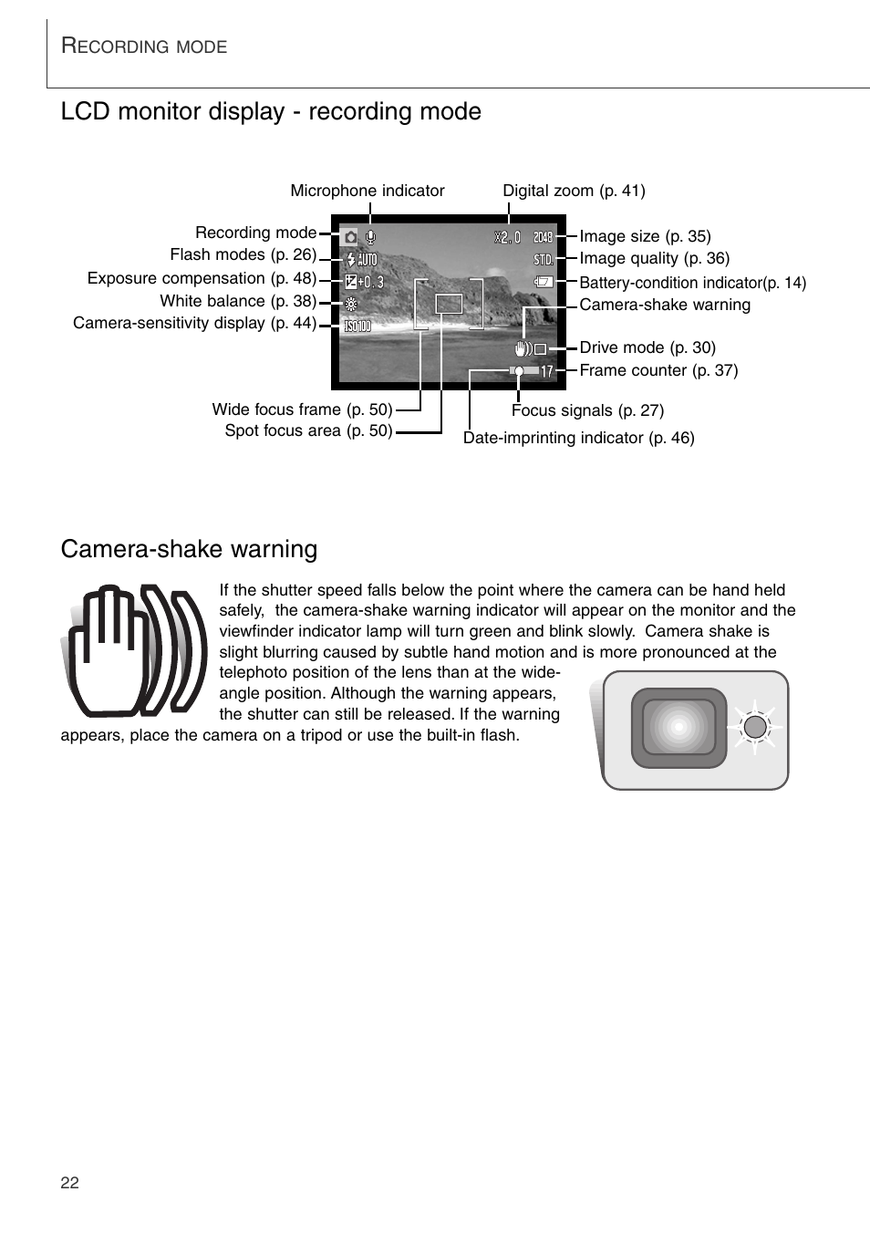 Lcd monitor display - recording mode, Camera-shake warning | Konica Minolta DiMAGE Xi User Manual | Page 22 / 96