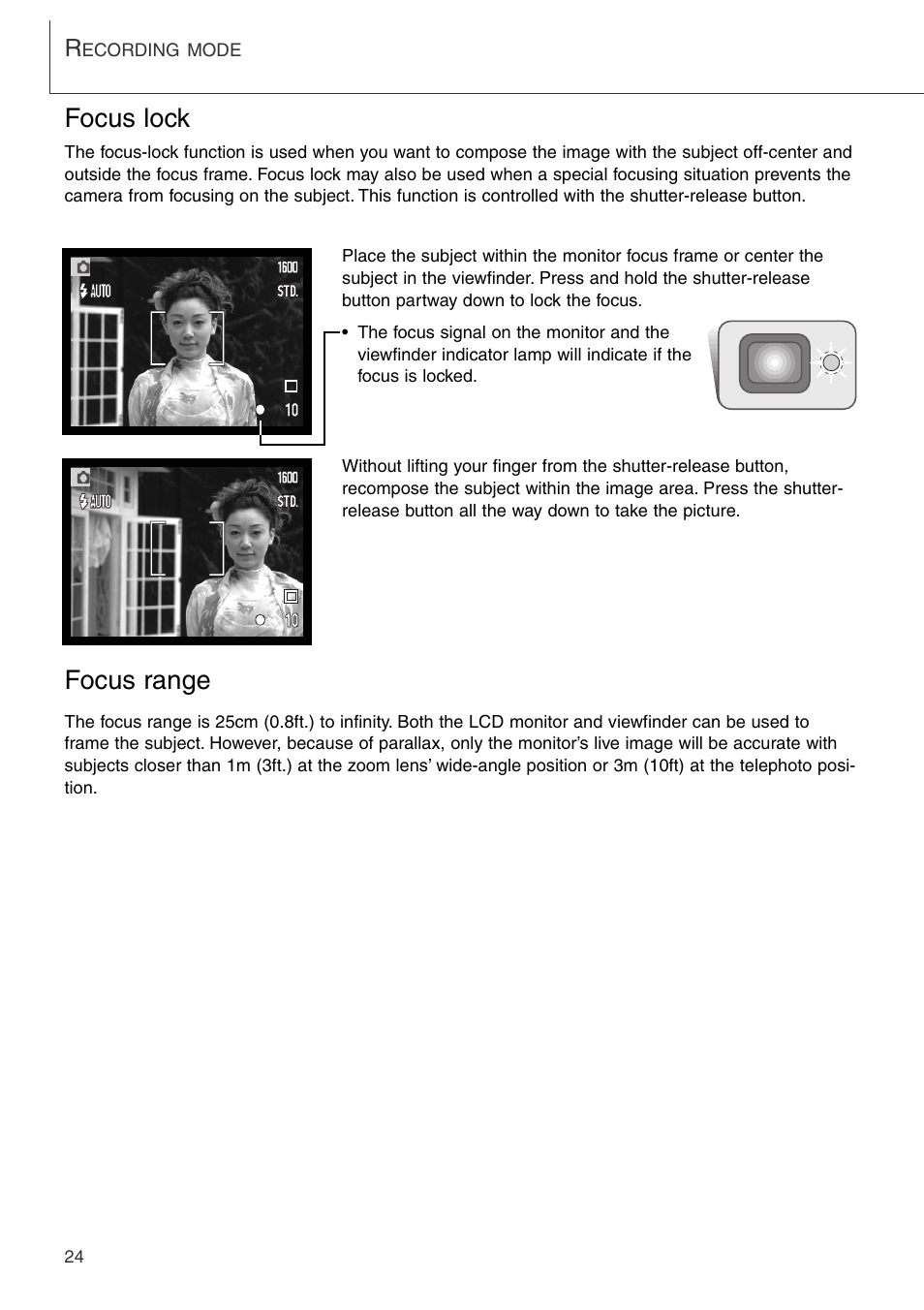 Focus lock focus range, Focus lock, Focus range | Konica Minolta DiMAGE Xi User Manual | Page 24 / 96