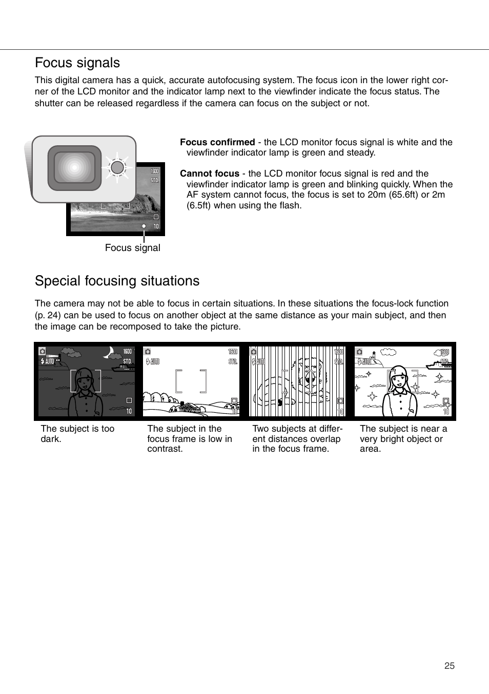 Focus signals, Special focusing situations, Focus signals special focusing situations | Konica Minolta DiMAGE Xi User Manual | Page 25 / 96