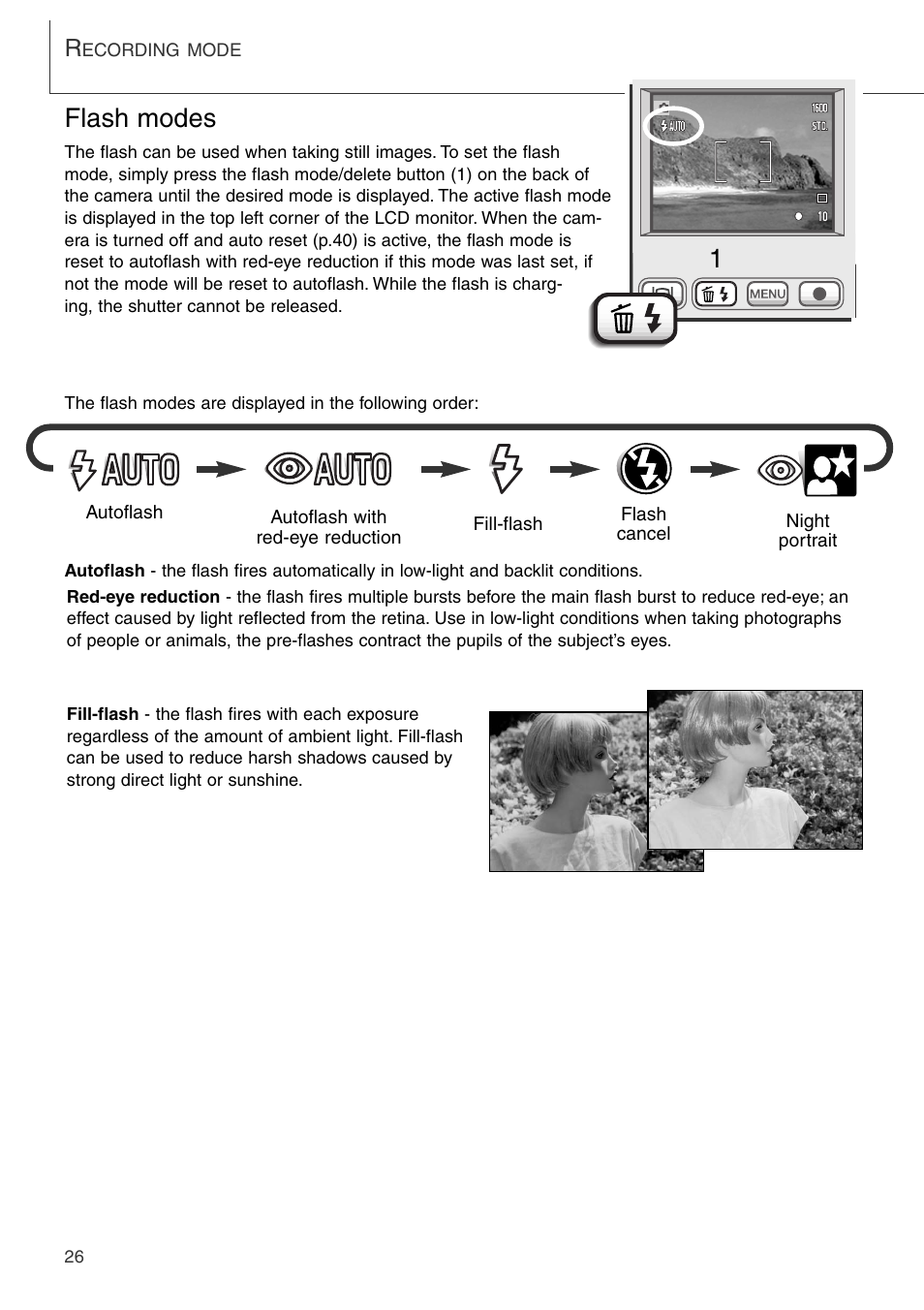 Flash modes | Konica Minolta DiMAGE Xi User Manual | Page 26 / 96