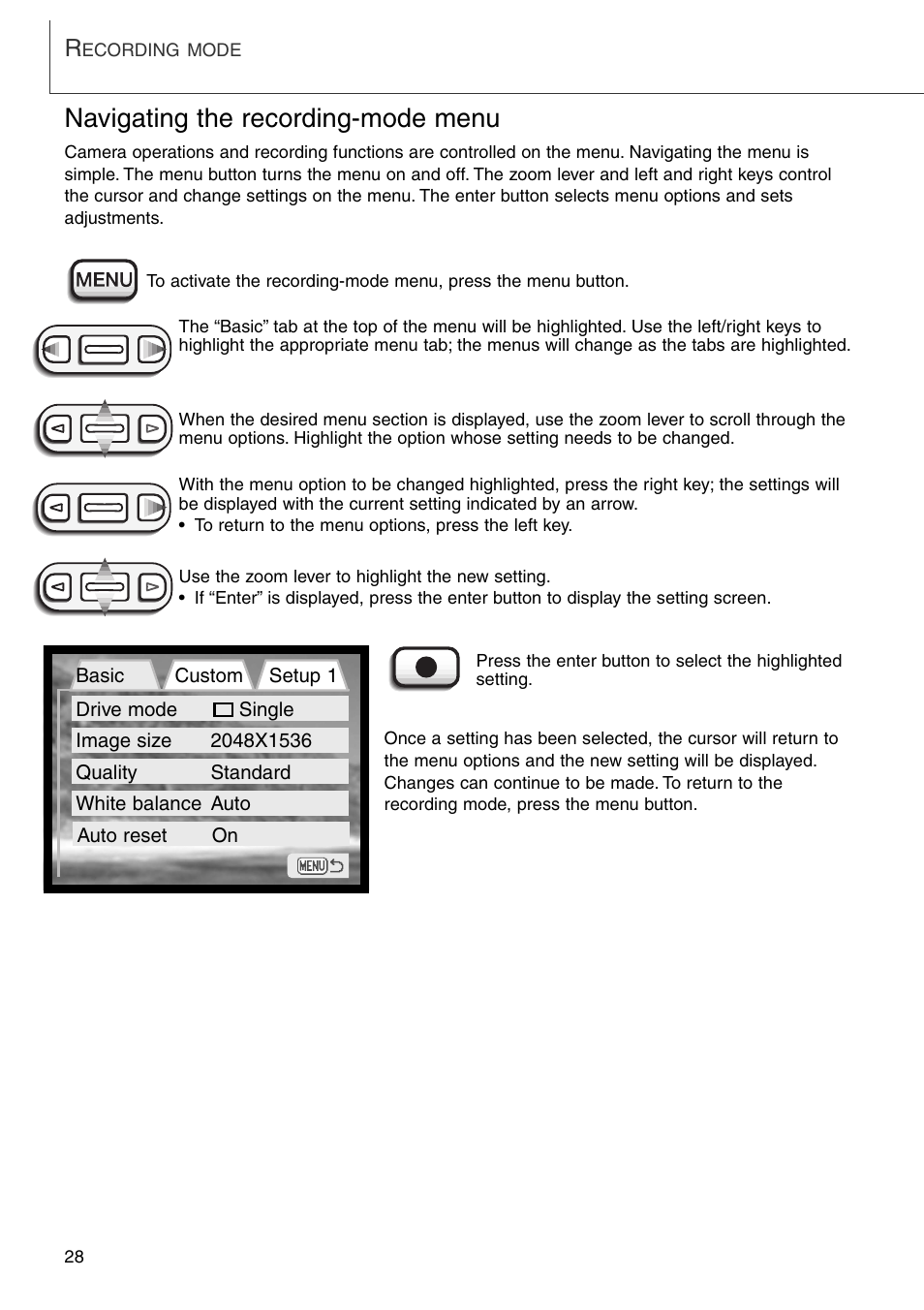 Navigating the recording-mode menu | Konica Minolta DiMAGE Xi User Manual | Page 28 / 96