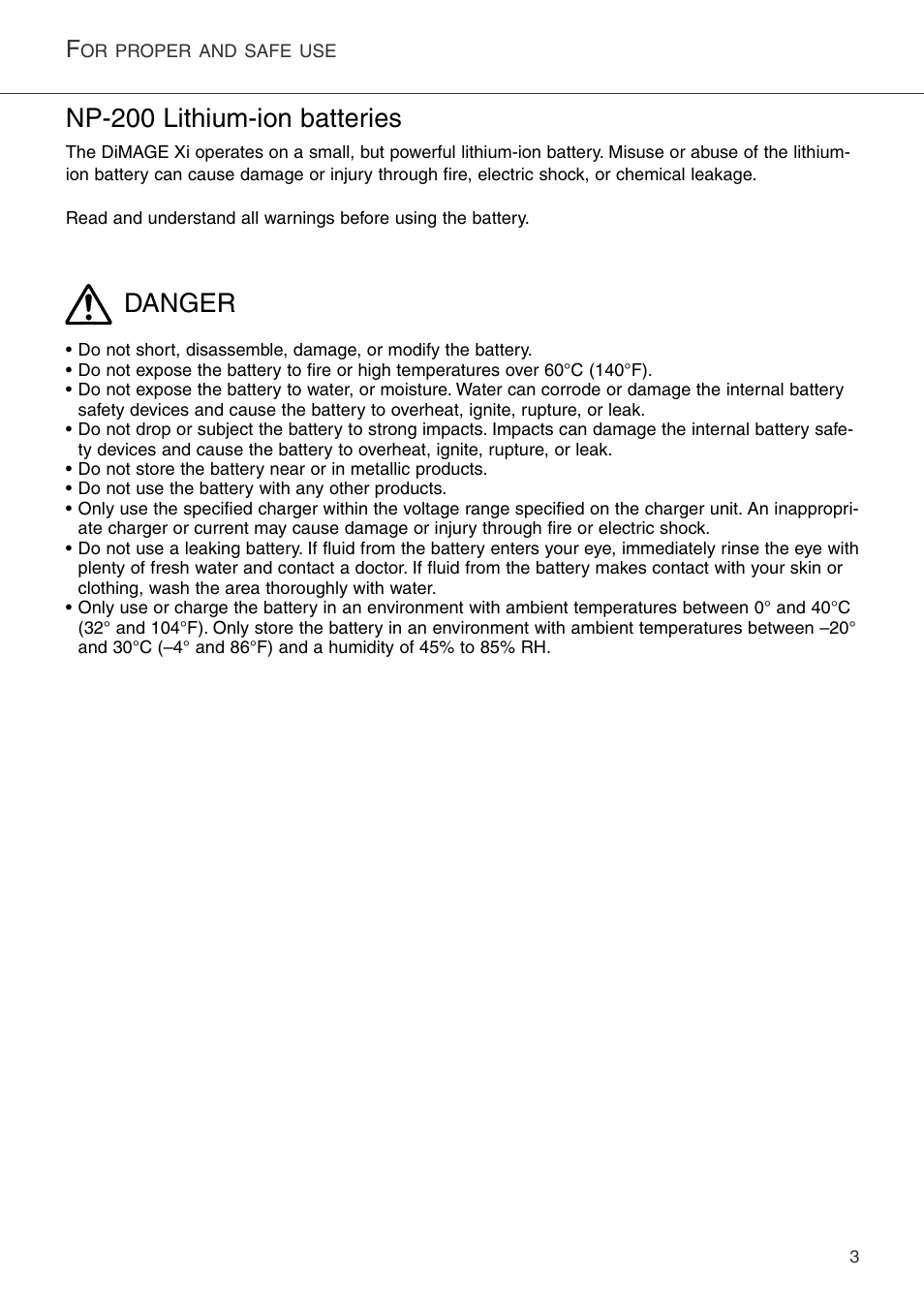 Danger np-200 lithium-ion batteries | Konica Minolta DiMAGE Xi User Manual | Page 3 / 96