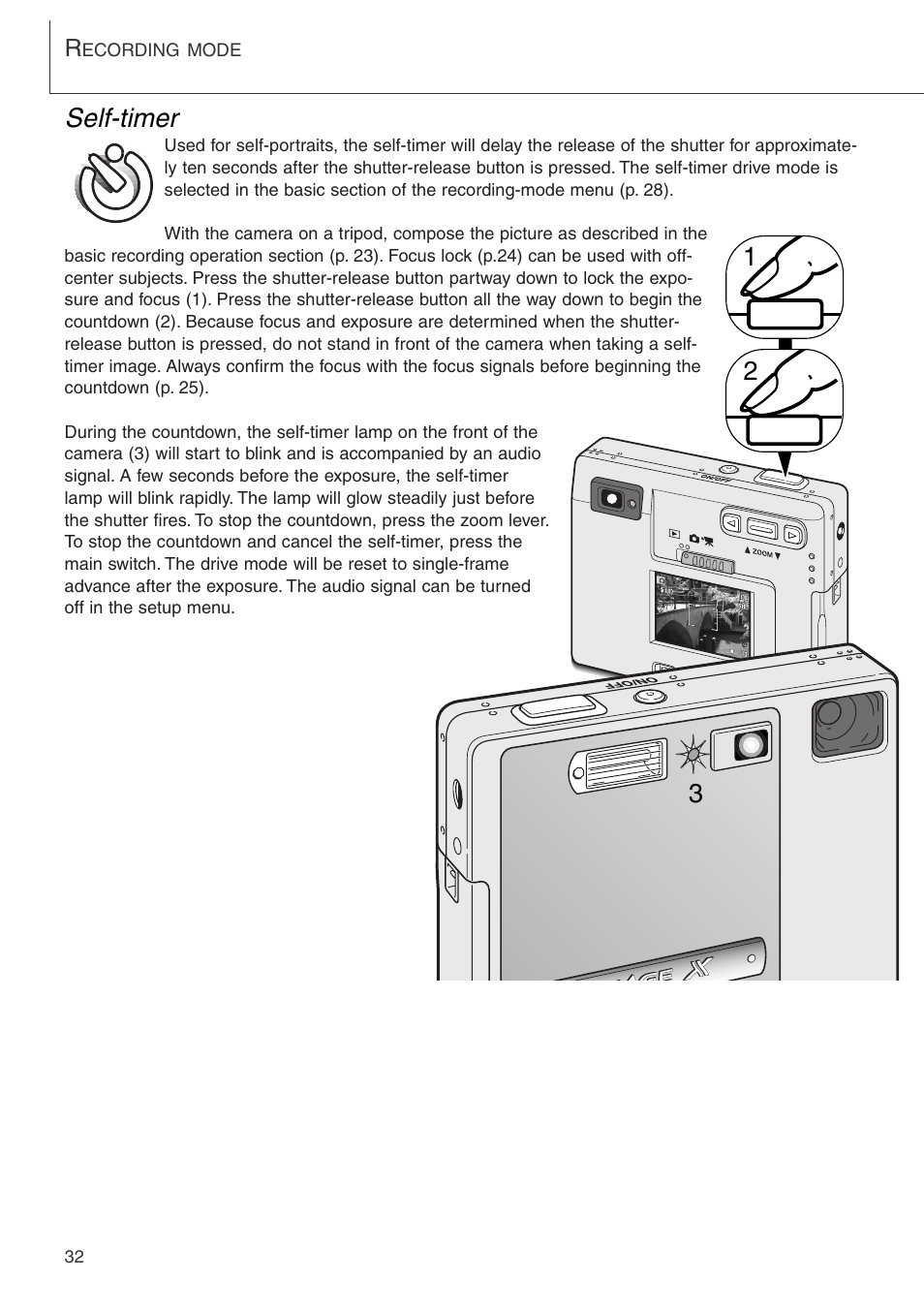 Self-timer, Self-timer 2 1 3 | Konica Minolta DiMAGE Xi User Manual | Page 32 / 96