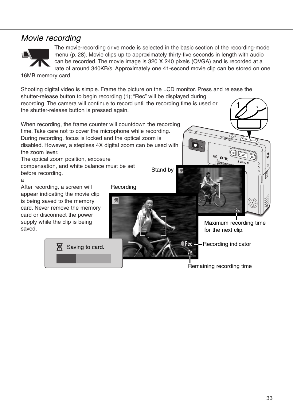Movie recording | Konica Minolta DiMAGE Xi User Manual | Page 33 / 96