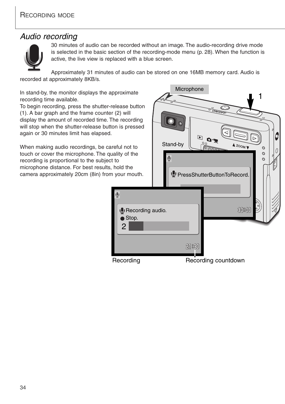 Audio recording | Konica Minolta DiMAGE Xi User Manual | Page 34 / 96