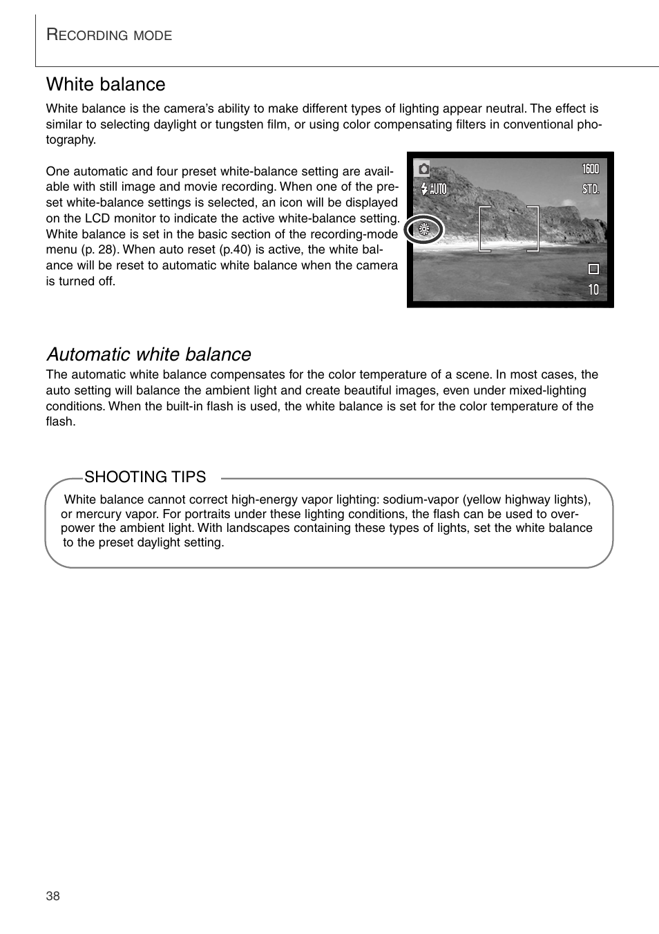 White balance, Automatic white balance, White balance automatic white balance | Konica Minolta DiMAGE Xi User Manual | Page 38 / 96