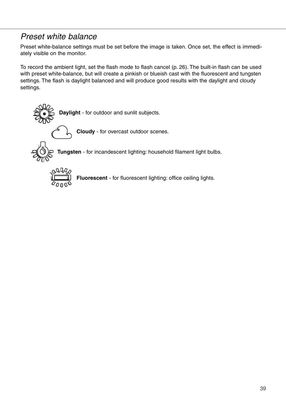 Preset white balance | Konica Minolta DiMAGE Xi User Manual | Page 39 / 96