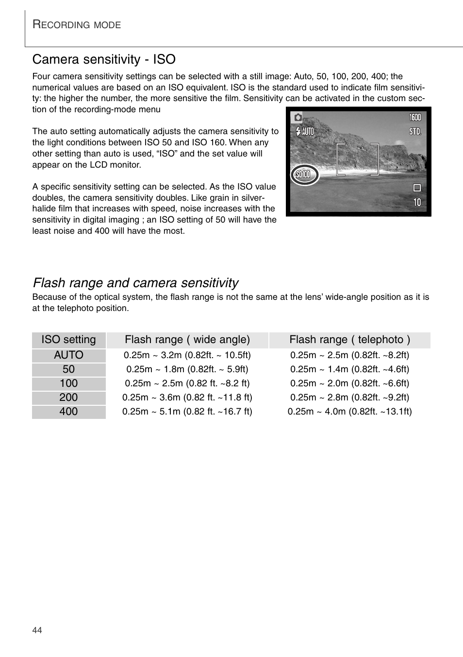 Camera sensitivity - iso, Flash range and camera sensitivity | Konica Minolta DiMAGE Xi User Manual | Page 44 / 96