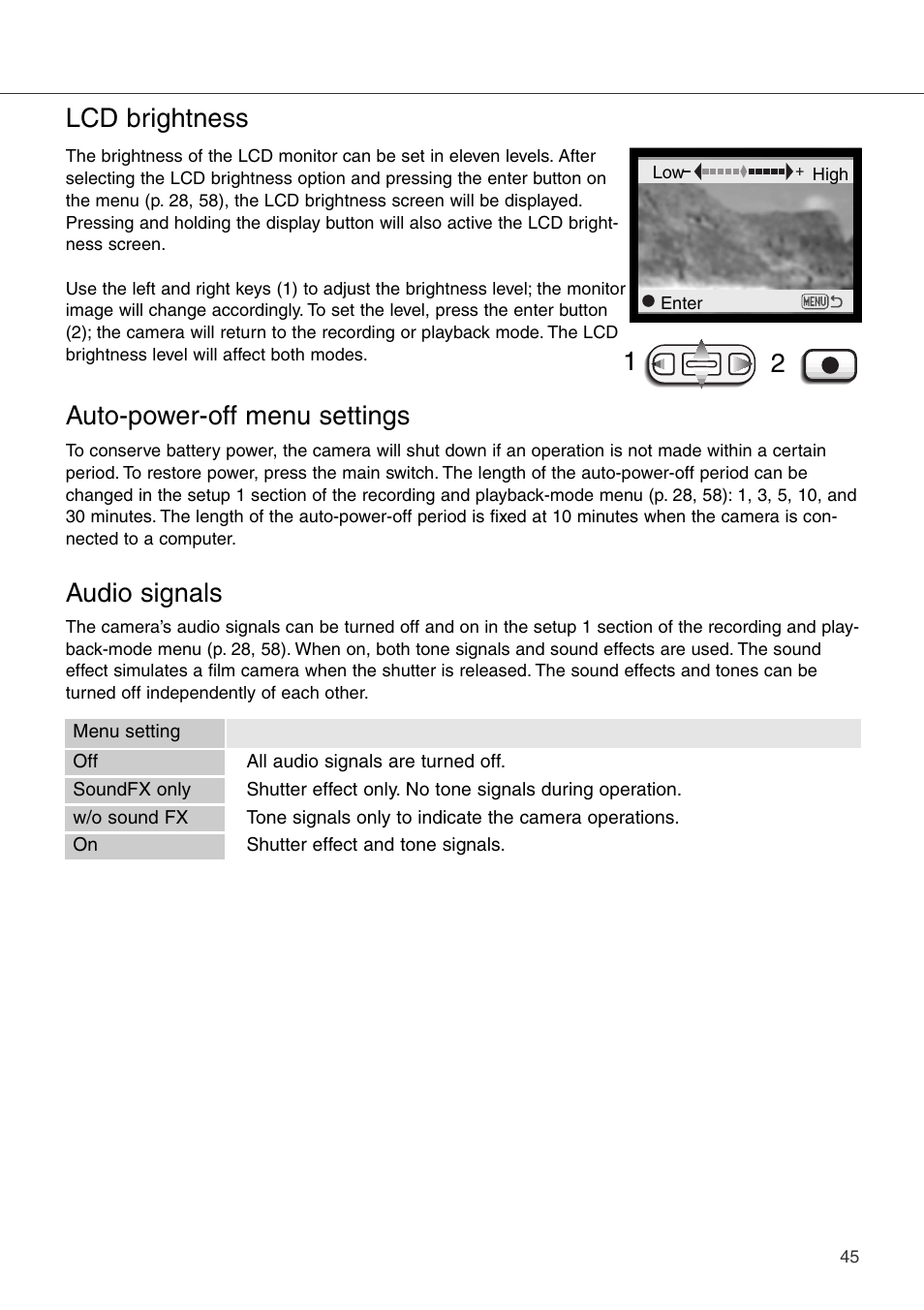 Lcd brightness, Auto-power-off menu settings, Audio signals | Konica Minolta DiMAGE Xi User Manual | Page 45 / 96