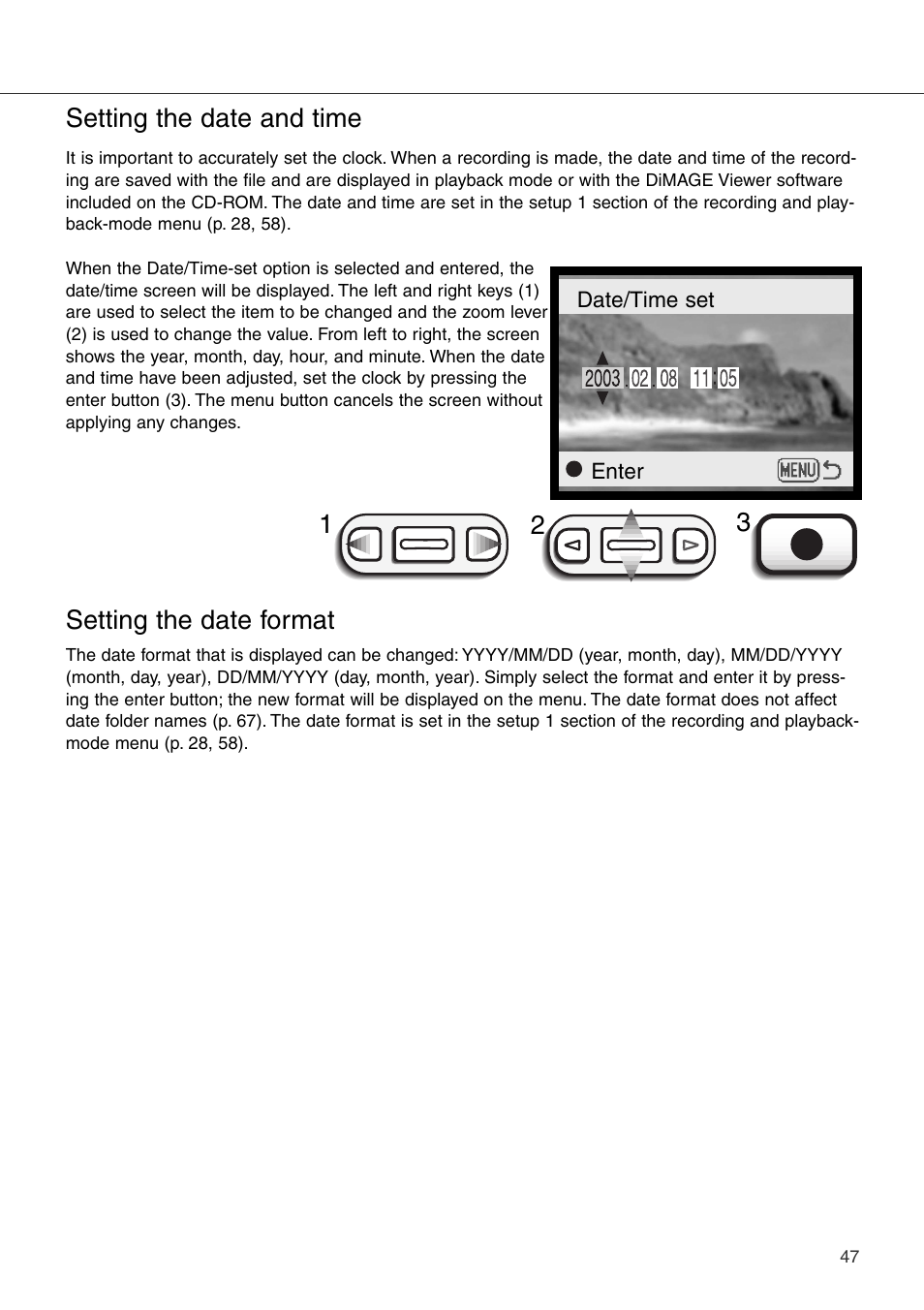 Setting the date and time setting the date format, Setting the date and time, Setting the date format | Konica Minolta DiMAGE Xi User Manual | Page 47 / 96