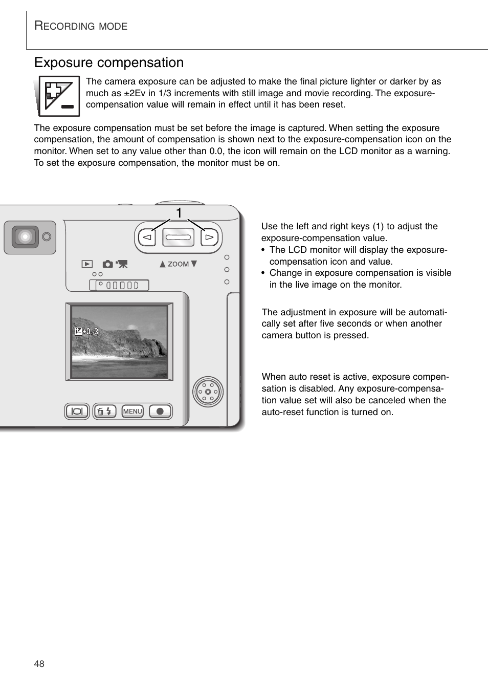 Exposure compensation | Konica Minolta DiMAGE Xi User Manual | Page 48 / 96