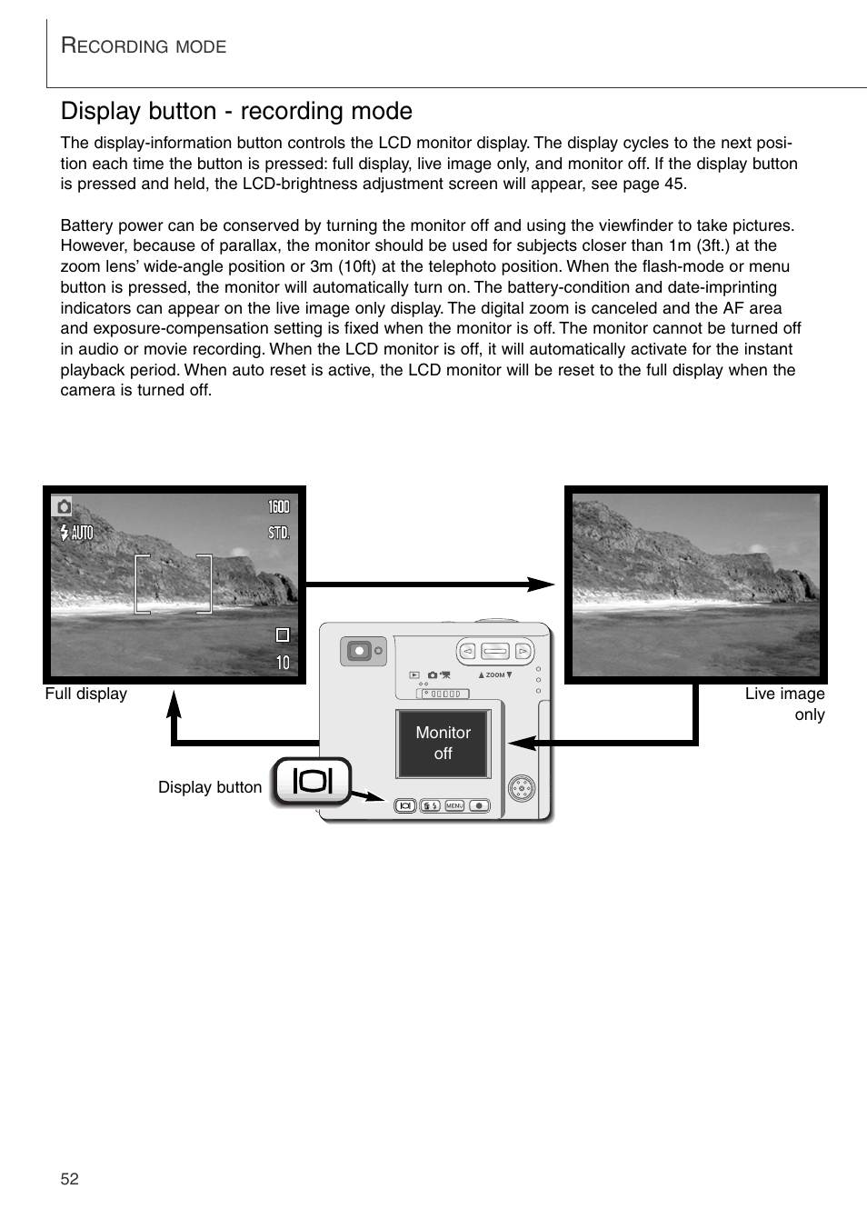 Display button - recording mode | Konica Minolta DiMAGE Xi User Manual | Page 52 / 96